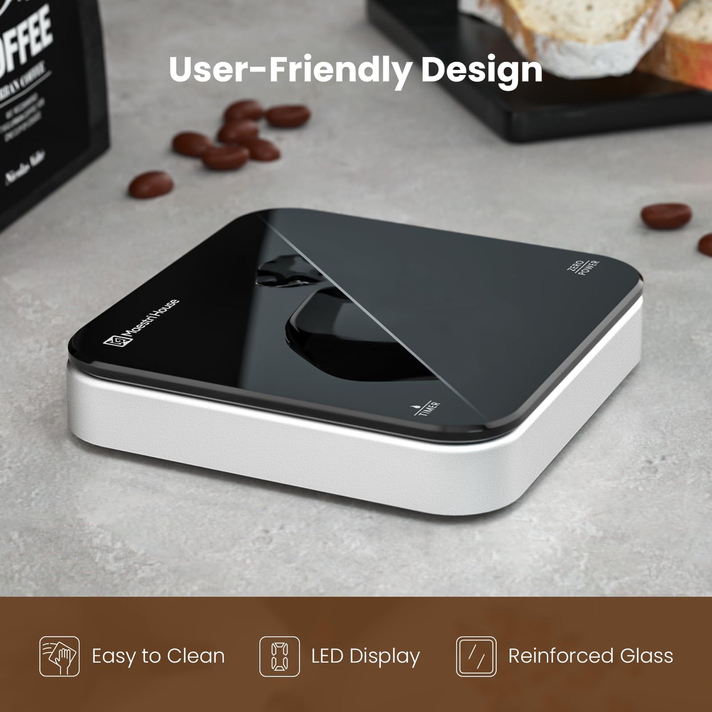 Maestri House Coffee Scale with Timer, Digital Kitchen Scale, 2kg/0.1g Precision, Rechargeable, with Calibration Weight