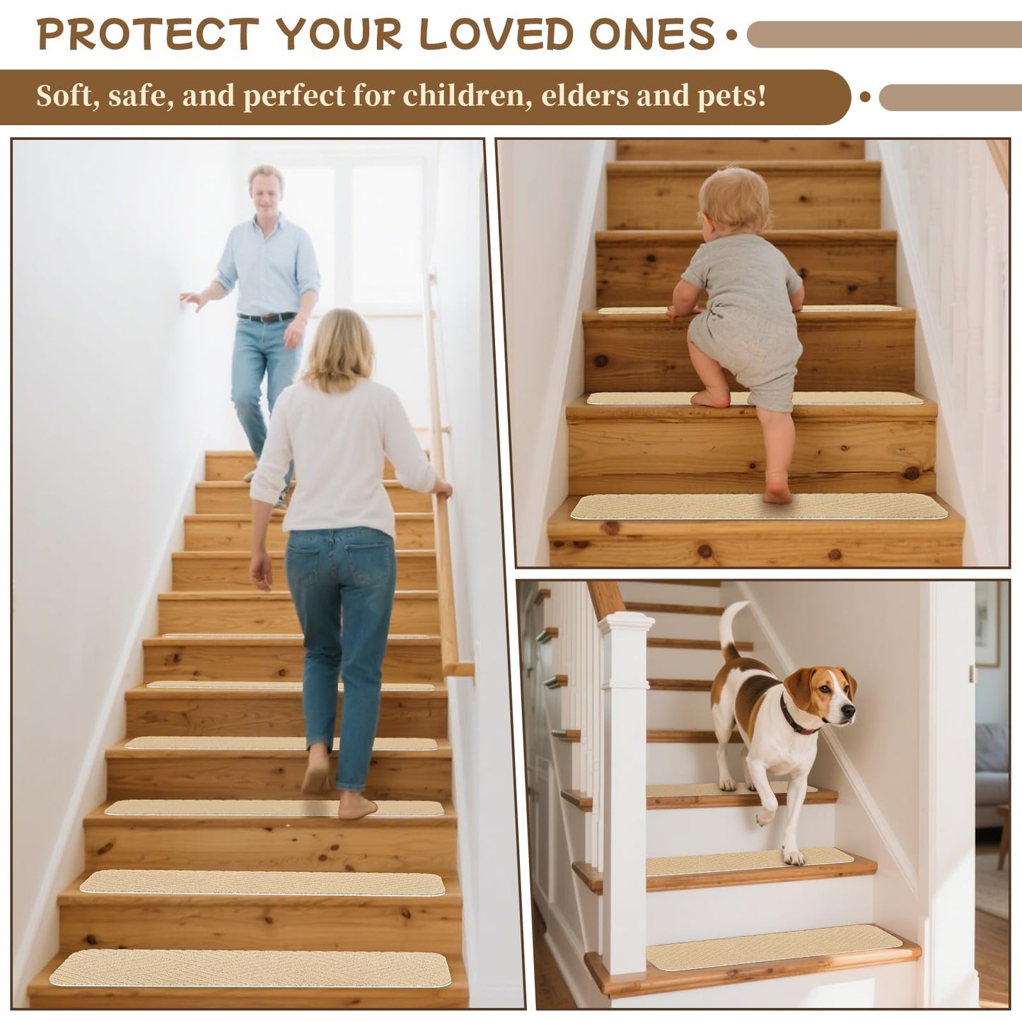 Aenithsy Stair Treads Non Slip Indoor, 15 Pack 30"x8" Stair Runners for Wooden Steps with Reusable Adhesive, Washable Stair Carpet Mats for Elders, Kids and Pets, Beige