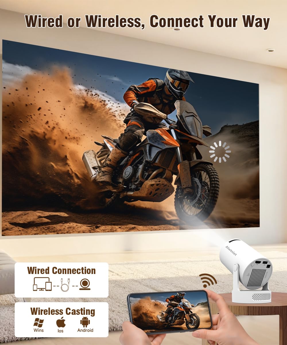 Mini Projector with WiFi6 and Bluetooth5.4, Android 14 Portable Smart Projector 4K Support, 5w Soundbase Speaker, 200ANSI & Auto Keystone, 180° Rotatable, Projecteur for Home Bedroom Movie HY300Pro+