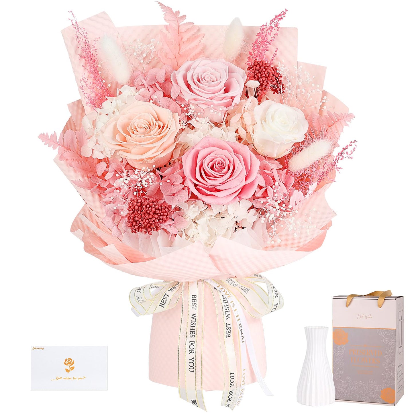Preserved Flowers Bouquet 4 Roses - Pink Roses & Flowers for Delivery, Long-Lasting Real Roses Forever, Eternal Roses Bouquet, Anniversary Birthday Graduation Gifts for Women Mom Grandma Girlfriend