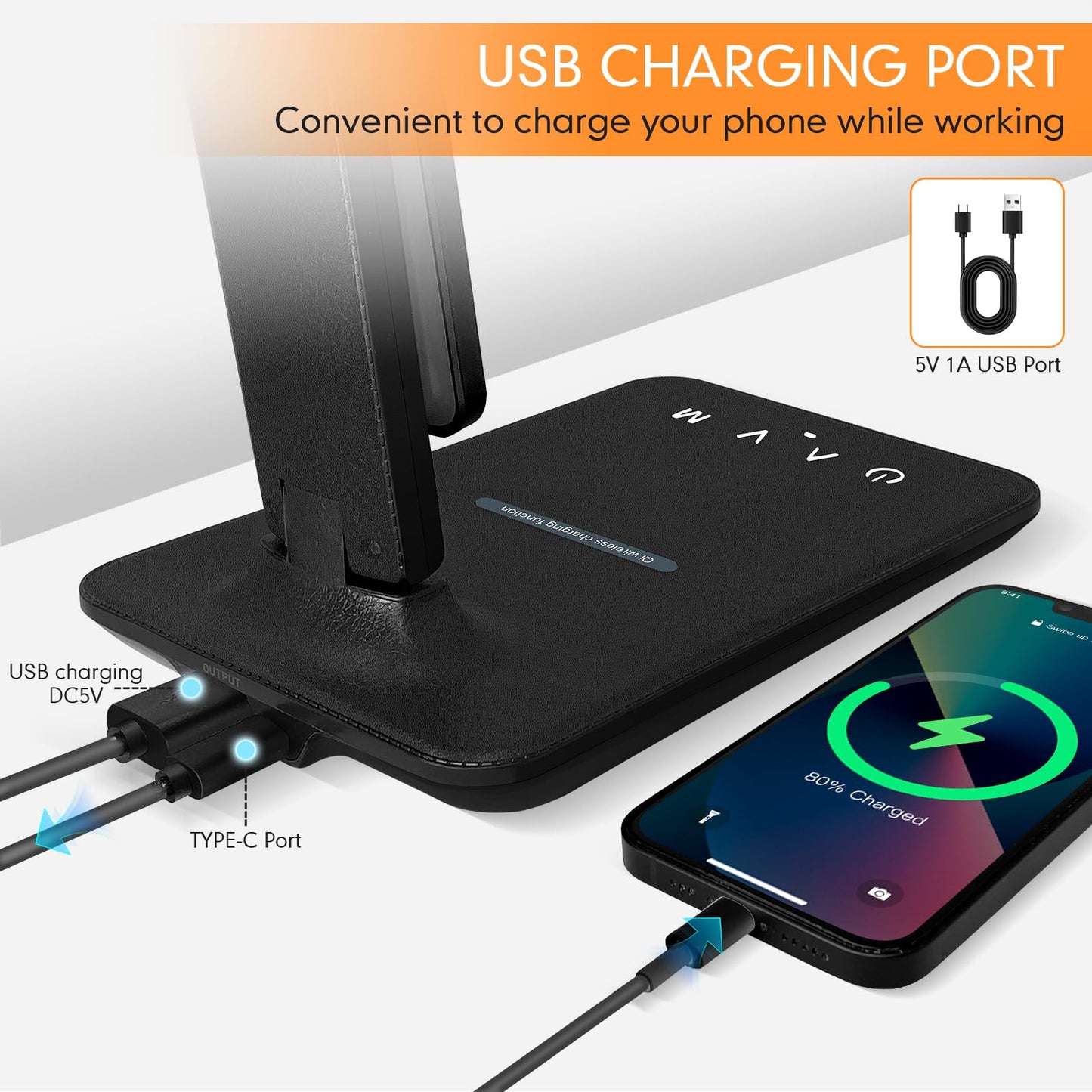 Whicow LED Desk Lamp Eye-Caring Table Lights Dimmable 5 Modes Touch Control Adjustable Table lamp with USB Charging Port for Home Office Reading, Studying Working (Black + Wireless Charger)