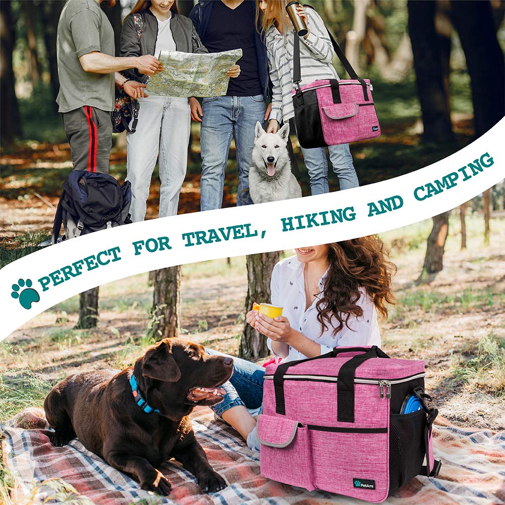 PetAmi Dog Travel Bag | Airline Approved Tote Organizer with Multi-Function Pockets, Food Container Bag and Collapsible Bowl | Perfect Weekend Pet Travel Set for Dog, Cat (Pink, Small)