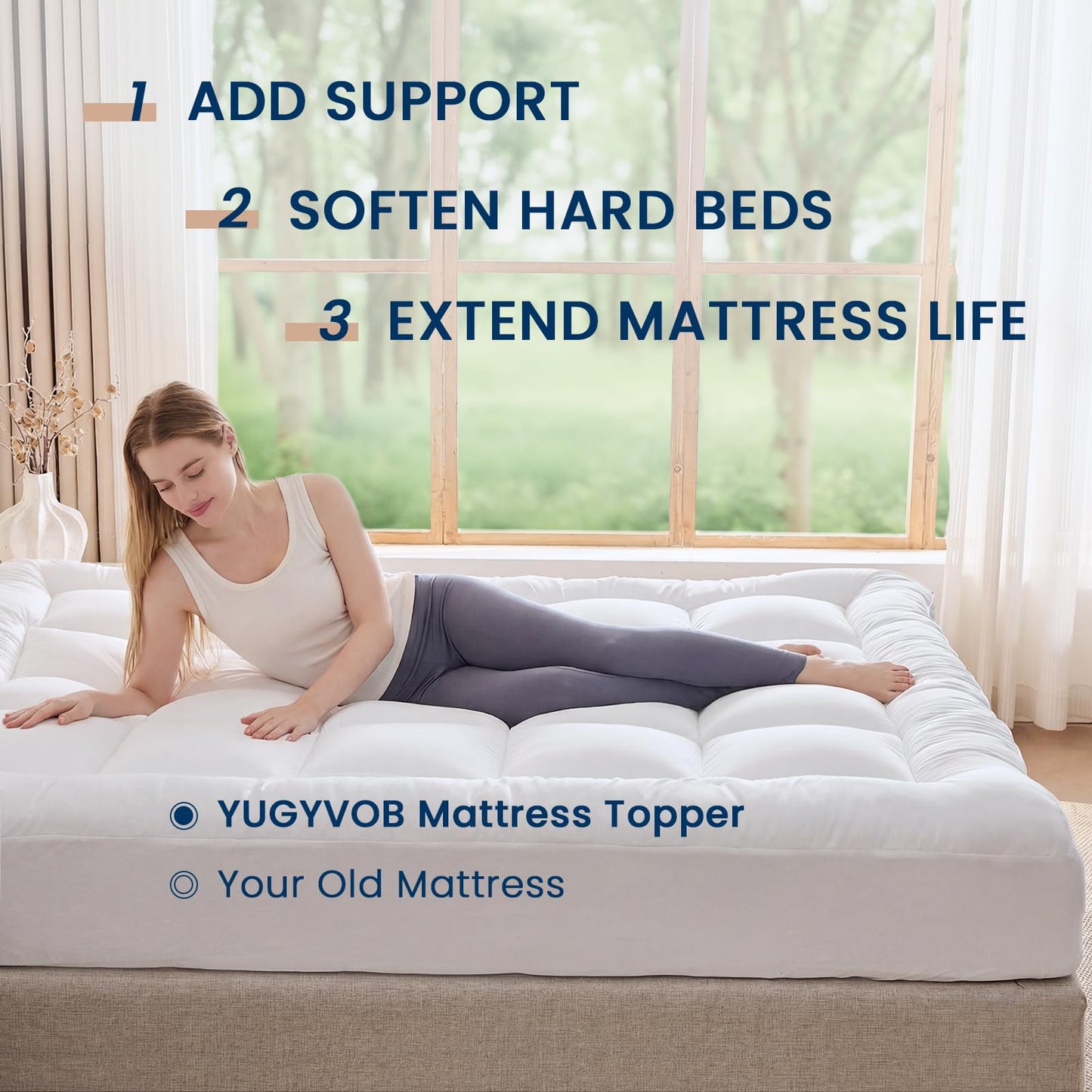 YUGYVOB Mattress Topper Double/Full Size, Thick Breathable Pillow Top Mattress Pad for Back Pain Relief, Deep Pocket Topper Fits 8"-20" (54×75 Inch)