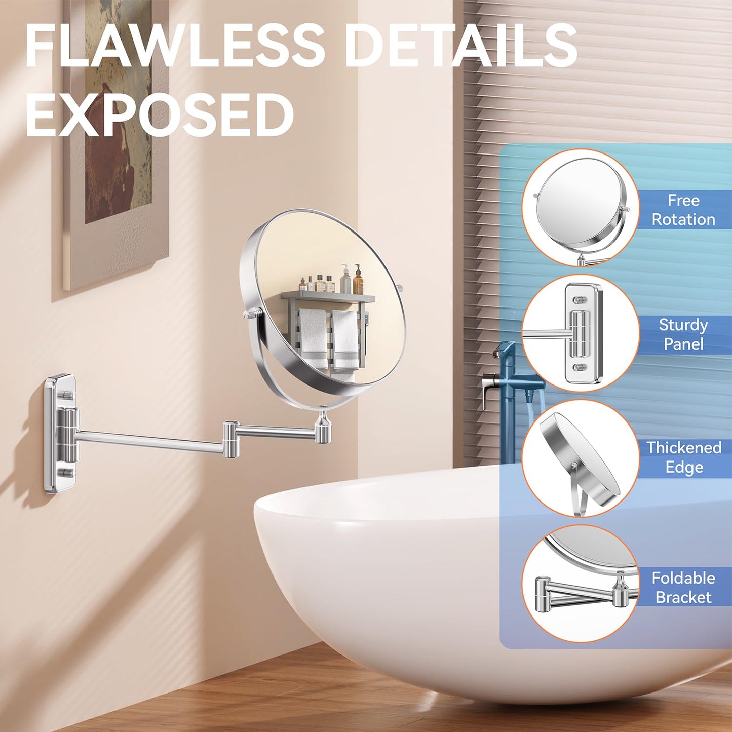 Auxmir 30X/1X Wall Mounted Makeup Mirror, 8" Double-Sided Magnifying Mirror with Tweezers, Bathroom Vanity Makeup Mirror, Cosmetic Mirror with 360° Swivel Extendable Arm, Chrome