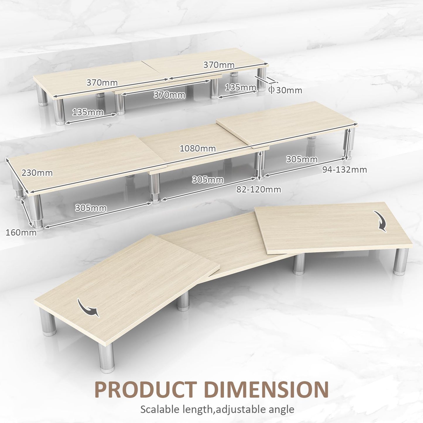 Dual Monitor Stand Riser, Monitor Stand with Adjustable Height Steel leg, Wood Monitor Stand for Desk, Monitor Riser for 2 Monitors with Storage Space