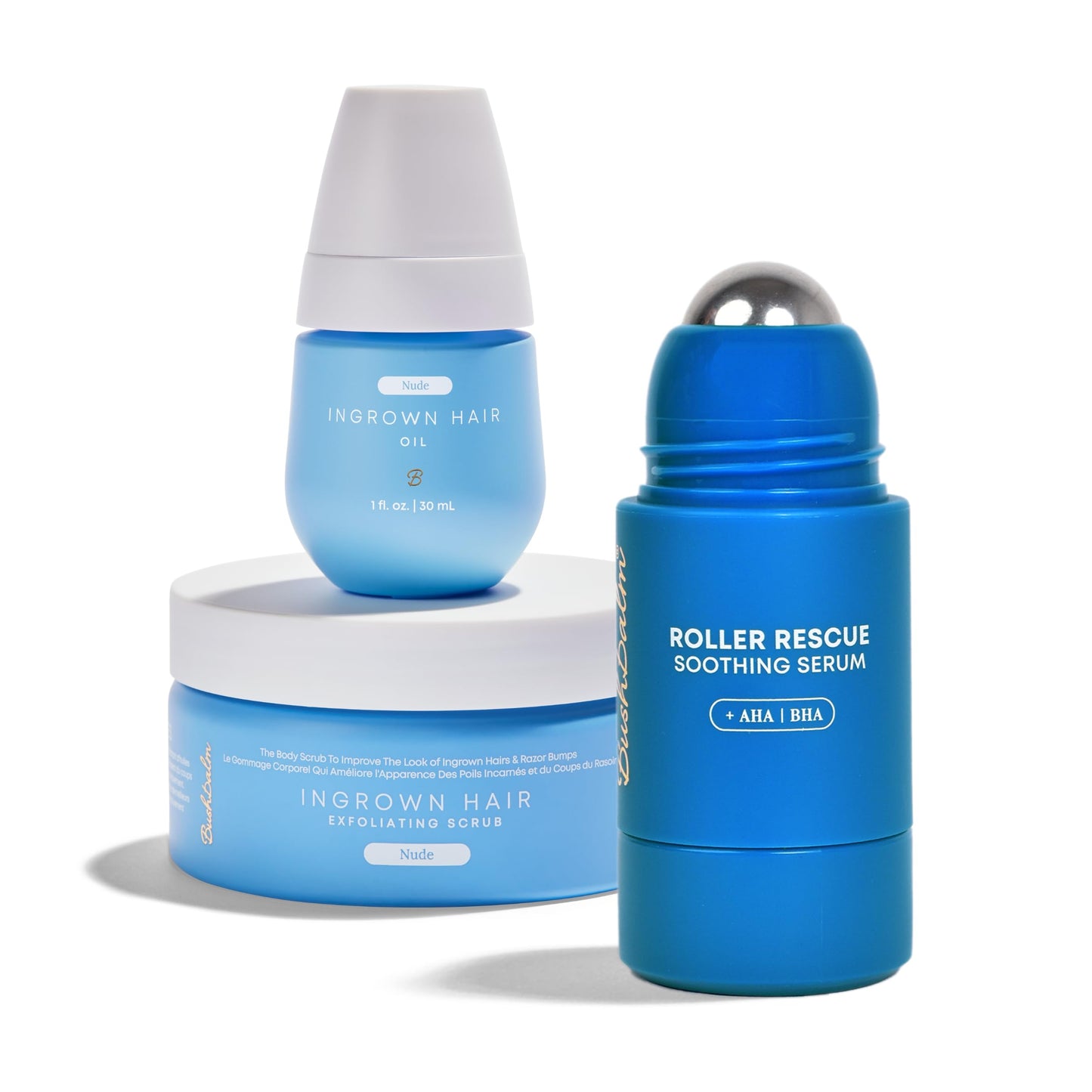 Bushbalm Ingrown Hair Routine - Roller Rescue, Nude Oil and Nude Scrub Bundle - AHA & BHA - Exfoliating, Soothing, Cooling for Intimate Areas, Underarms - Helps With Razor Bumps, Ultimate(Trio Bundle)