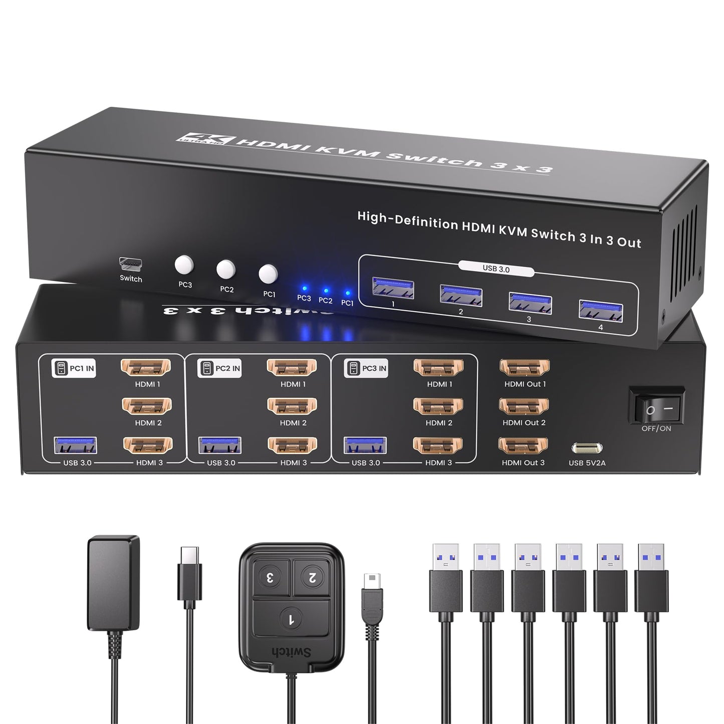 4K60Hz HDMI KVM Switch 3 Monitors 3 Computers, USB 3.0 Triple Monitor HDMI KVM Switch for 3 Computers Share 1 Set of Keyboard, Mouse, 3 Monitors and 4 Port USB 3.0 for Peripheral