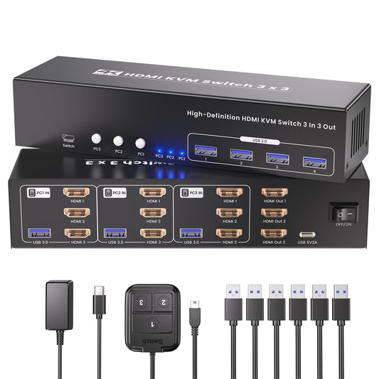 4K60Hz HDMI KVM Switch 3 Monitors 3 Computers, USB 3.0 Triple Monitor HDMI KVM Switch for 3 Computers Share 1 Set of Keyboard, Mouse, 3 Monitors and 4 Port USB 3.0 for Peripheral