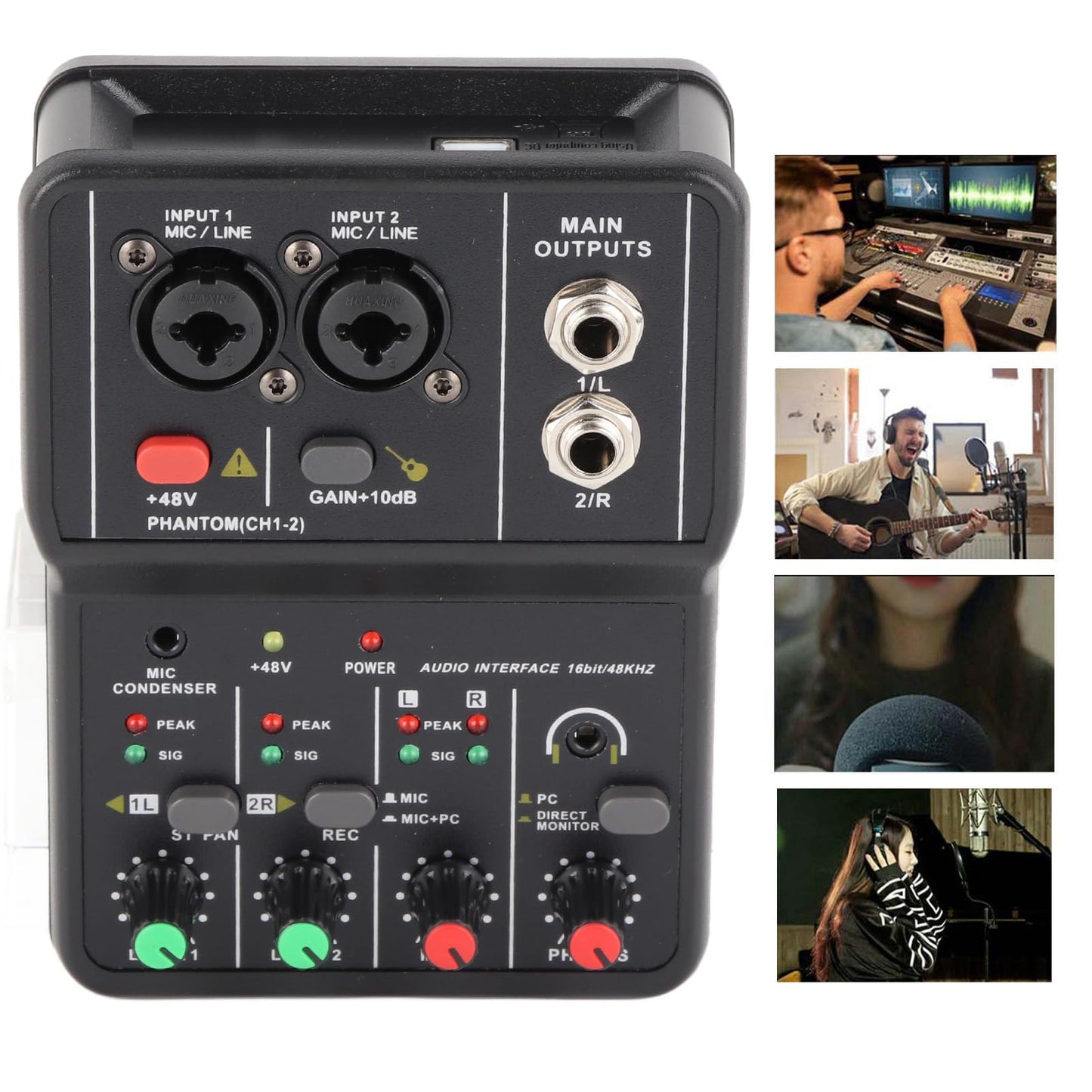 Mixer, Console, USB, 2-Channel Audio Mixer, 48V Power Compact Mixing Console, for Music Recording, Home Karaoke, Internet Karaoke