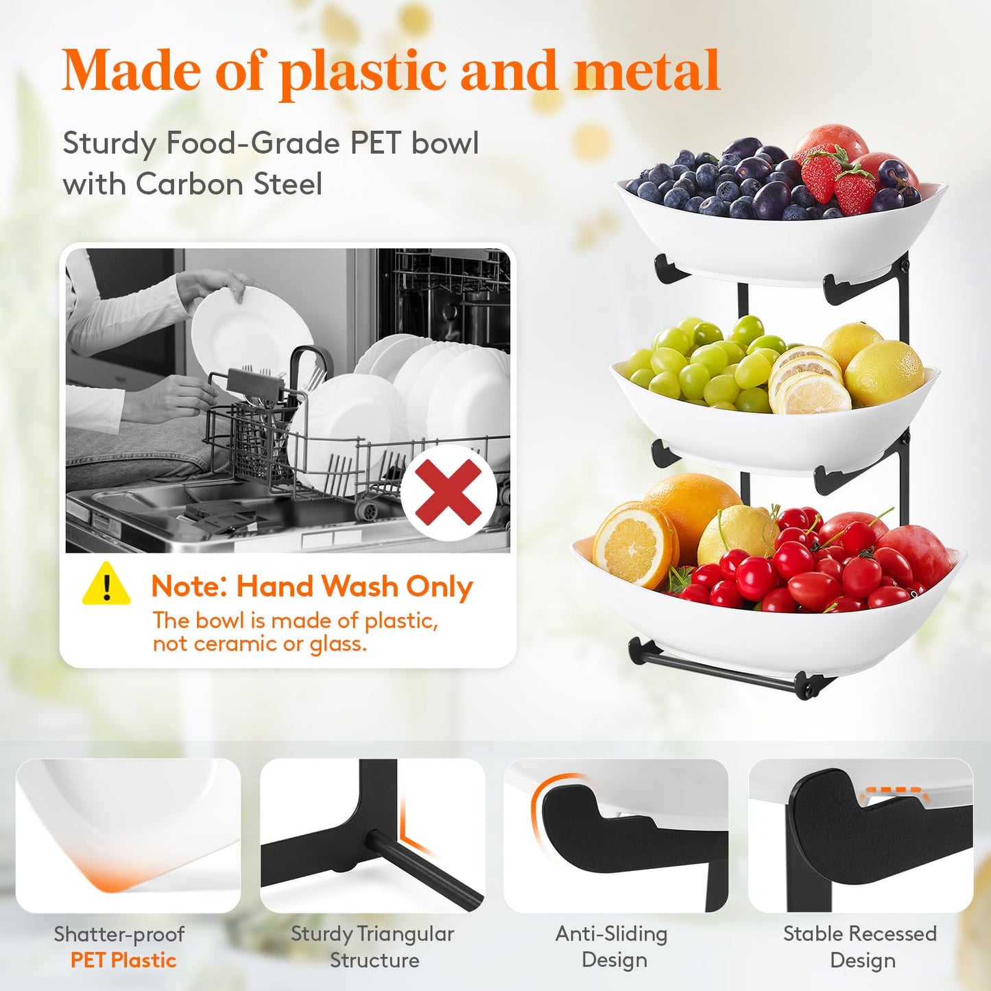 Lifewit Plastic Fruit Bowl Basket for Kitchen Countertop, 3 Tier Fruit Holder with Black Metal Stand, Serving Tray for Food, Vegetable, Cake, Dessert in Party