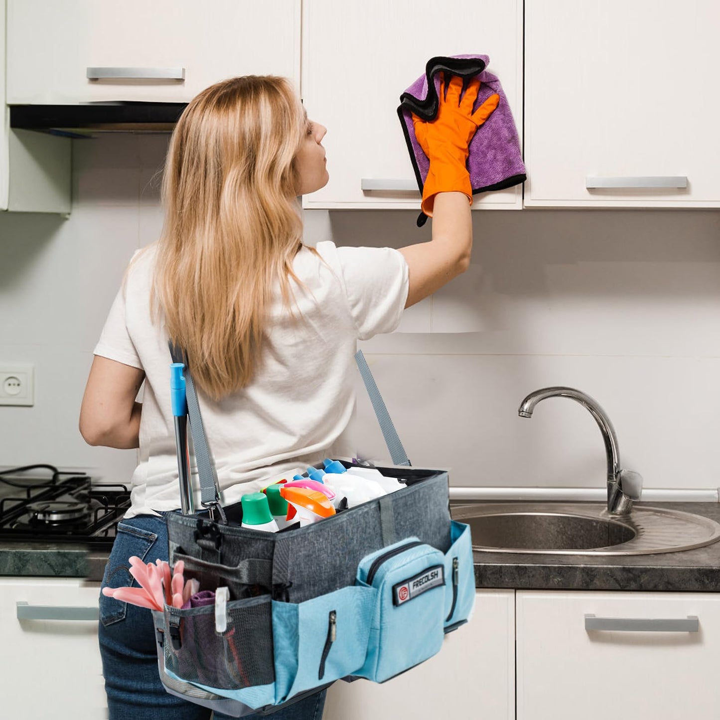 FRECOLSH Large Supplies Organizer - Cleaning Caddy With Handles & Shoulder Strap - Bags for Suppliers - Housekeepers Wearable Tote Upgraded