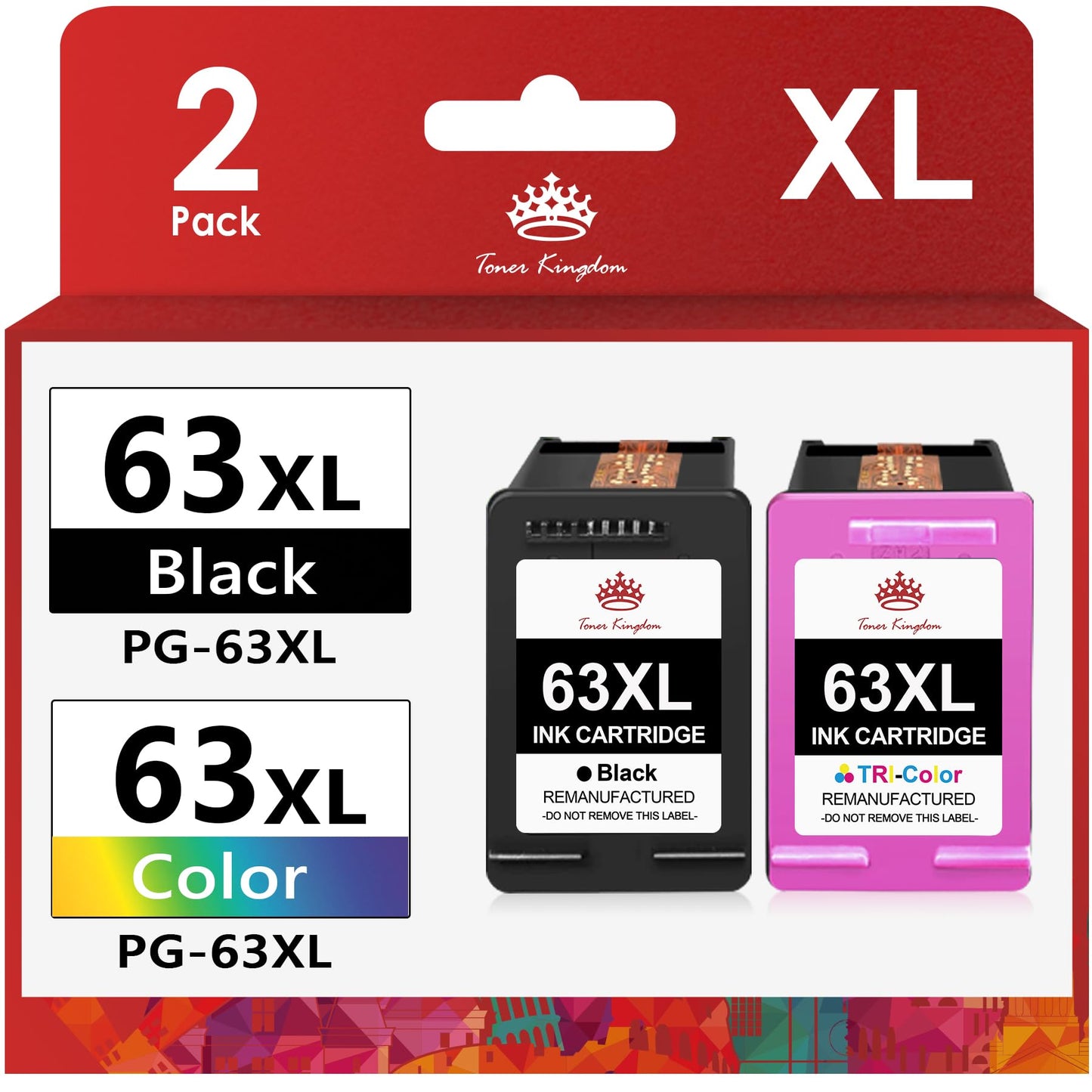 Toner Kingdom Remanufactured Ink Cartridge Replacement for HP 63 Ink 63XL for HP Envy 4520 Ink cartridges 4512 4516 Officejet 3830 4650 5255 5258 Deskjet 1112 Printer Ink(1 Black, 1 Tri-Color)