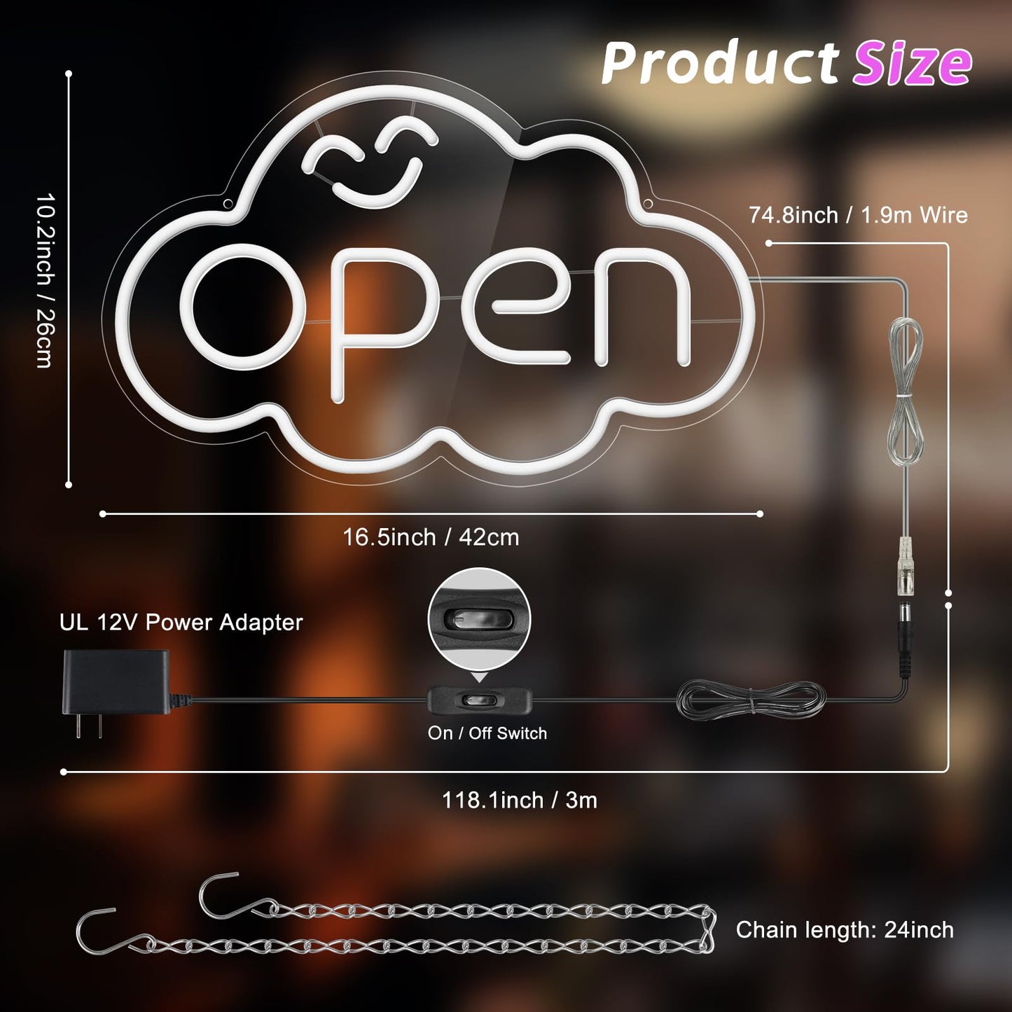 Super Bright Open Sign, 16.5"x 10.2" LED Open Signs for Business Window, Electric Light up Sign with 12V Adapter & ON/OFF Switch, Open Sign LED for Stores Restaurants Offices Bar Coffee Shops