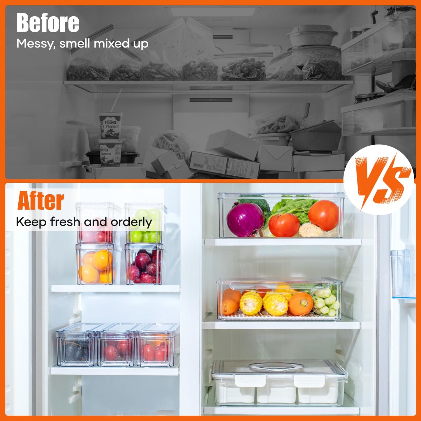 10-Pack Fridge Organizers and Storage - Stackable Refrigerator Bins with Lids, BPA-Free Clear Food Storage Bins, Saver Containers for Vegetables, Cereals, Fruits, Suitalble for Kitchen, Cabinets