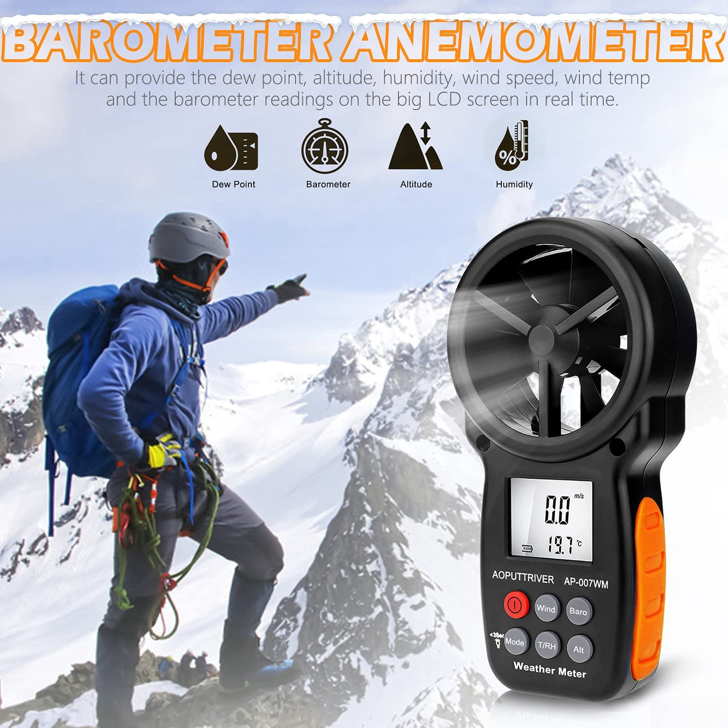 Digital Anemometer Barometer AP-007WM Altimeter Gauge, Handheld Anemometer for Wind Speed/Temperature with Wind Chill & Relative Humidity, Altitude, Barometric Pressure measure for HVAC CFM Shooting