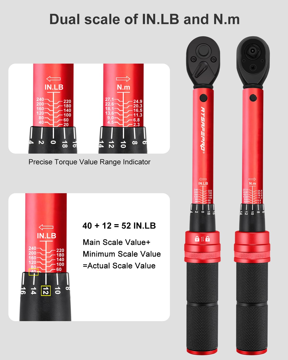 ATsafepro 3/8 Torque Wrench 20-240 in.lb, Inch Pound Torque Wrench Set with Extension & 3/8" to 1/4" Adapter - ±3% Accuracy, Dual-Direction 72-Tooth for Bike, Motorcycle, Car & Engine Maintenance
