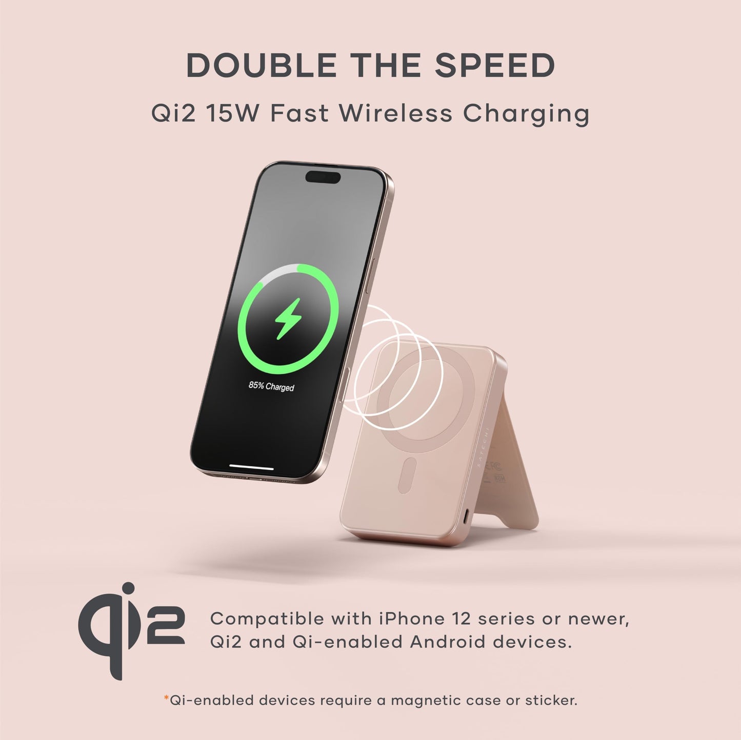 Satechi OntheGo Power Bank, Qi2 Power Bank 10000mAh, 15W Fast Charging, Portable Battery Pack with Stand for iPhone 17 to 12 Series, Android – Desert Rose