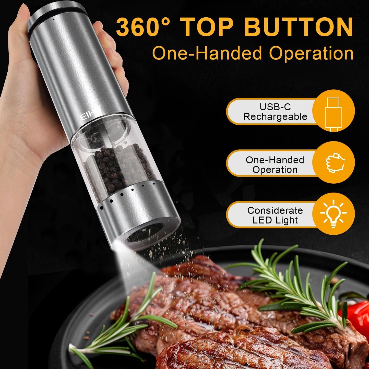 Electric Salt and Pepper Grinder Set Rechargeable, External Adjustable Coarseness, Automatic Salt & Pepper Shakers Mills, Kitchen Gadgets,Stocking Stuffers Christmas Cooking Gifts for Adults Men Women