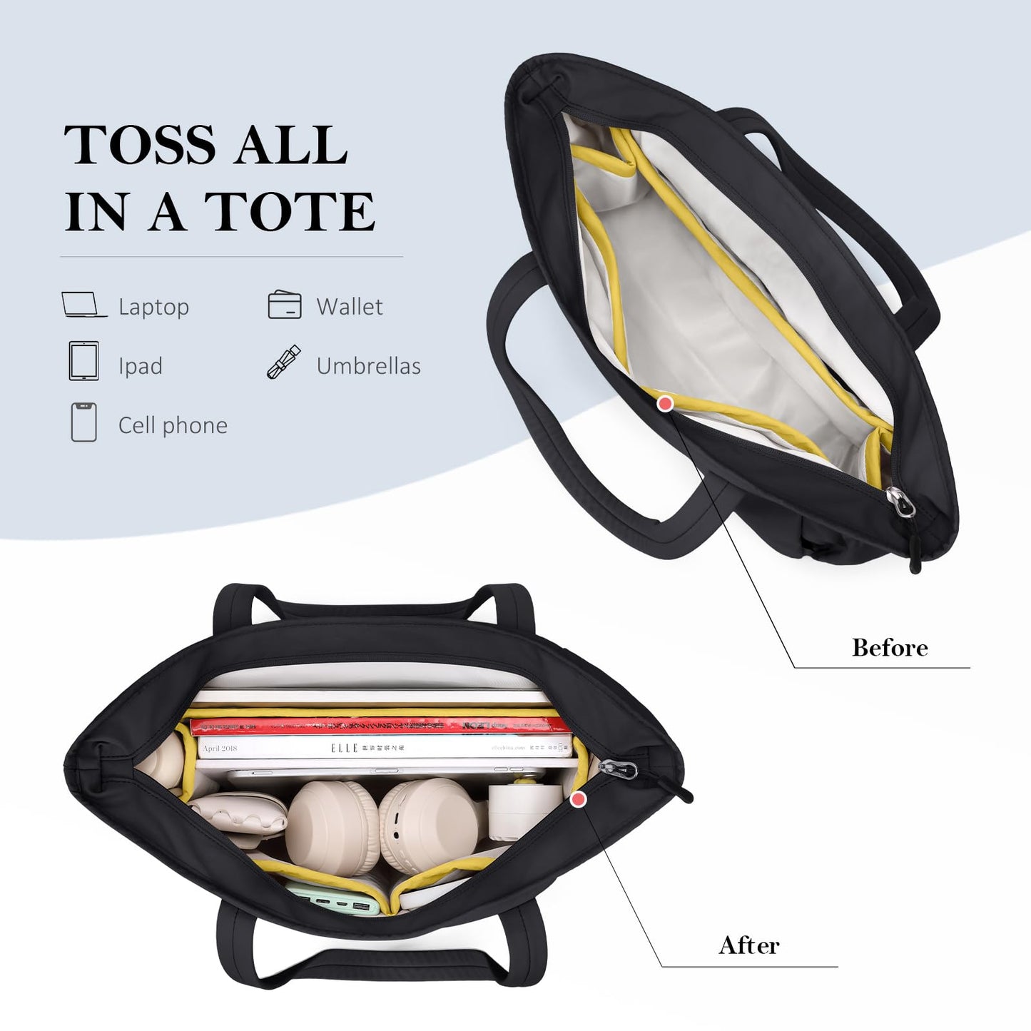 GOLF QUALITY Tote Bag for Women, Work Bags with Zipper Computer Laptop Handbag with Compartments for Travel, Daily,Fit 14Inch,Black