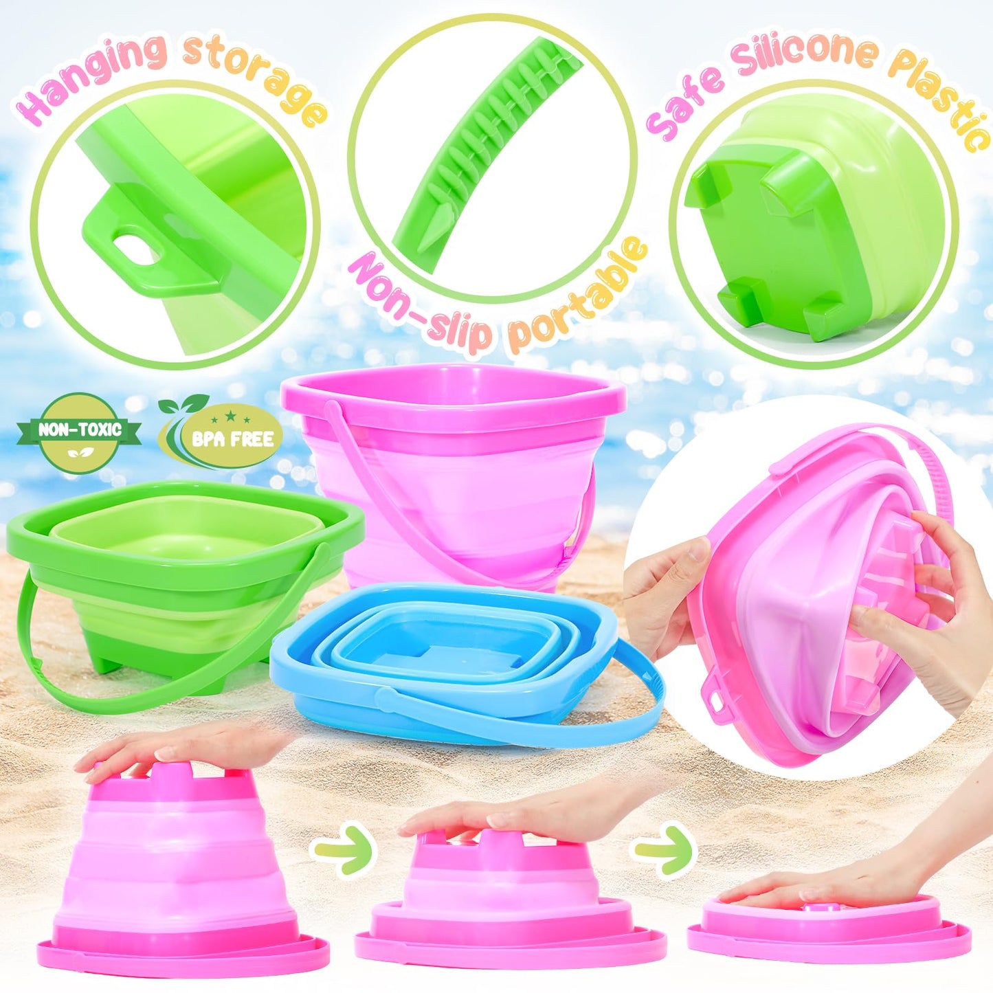 NINAOR Collapsible Beach Toys with Beach Bag, Collapsible Bucket Rake Shovel Beach Essentials for Toddler Toys Play Sandbox Camping Vacation Outdoor Games Sand Toys for Kids Beach Travel