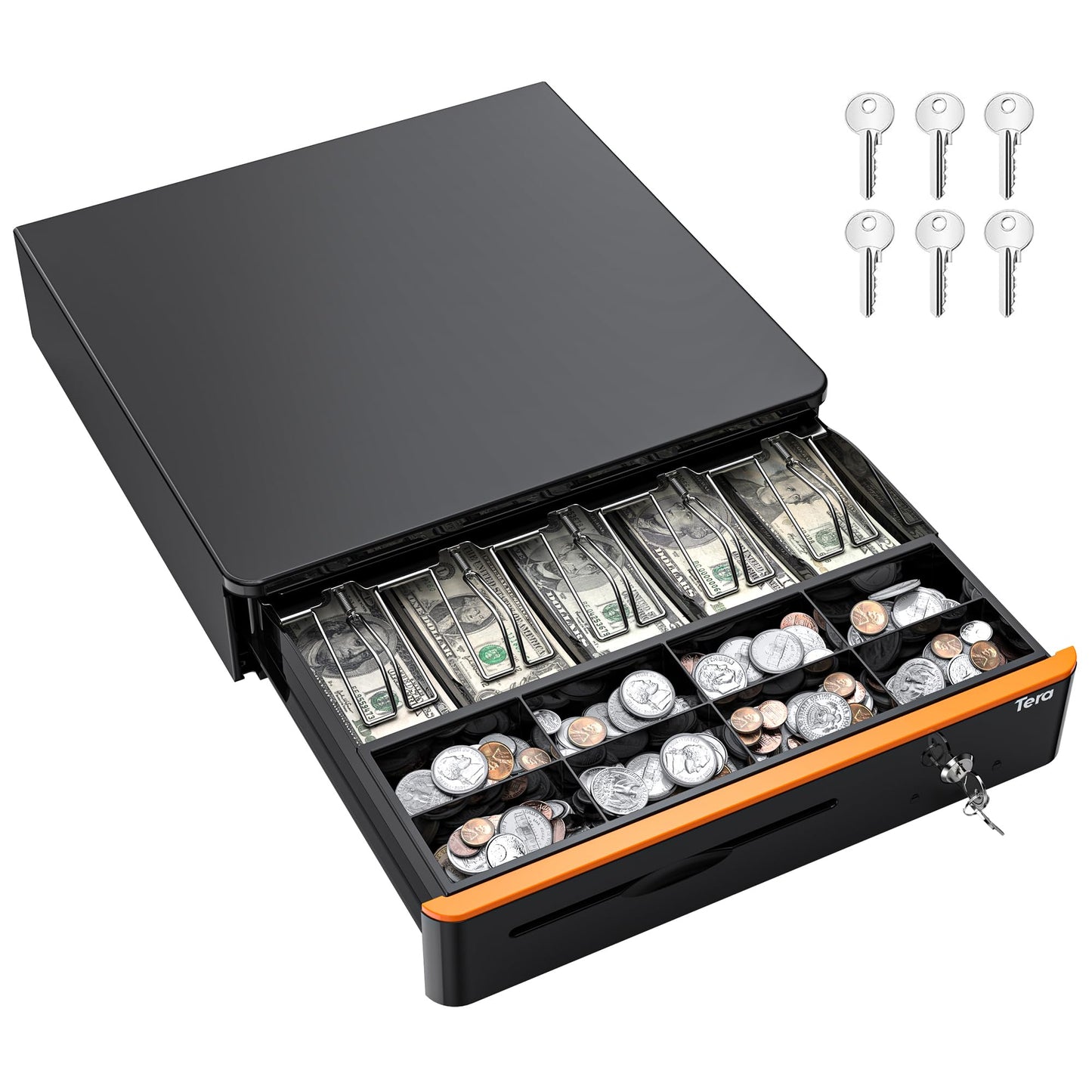 Tera 16" Auto Open Cash Register Drawer Insert Tray 5 Bill 8 Coin for Point of Sale (POS) System with Removable Cash Tray Media Slot 24V RJ12 Key-Lock (Round Corner) for Small Businesses Retail 405R