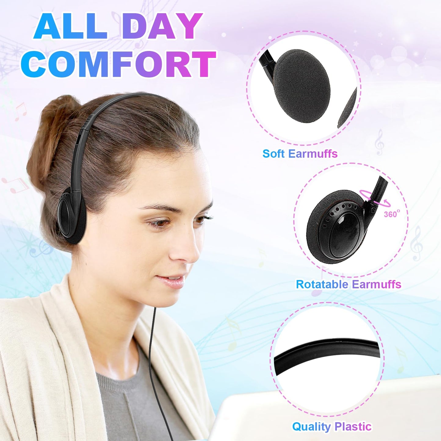 Wensdo Classroom Headphones Bulk 25 Pack for Kids School Students, Wholesale Wired Durable Earphones Class Set for Children Toddler Boys Girls Teens Adult (HY103, 25 Black)
