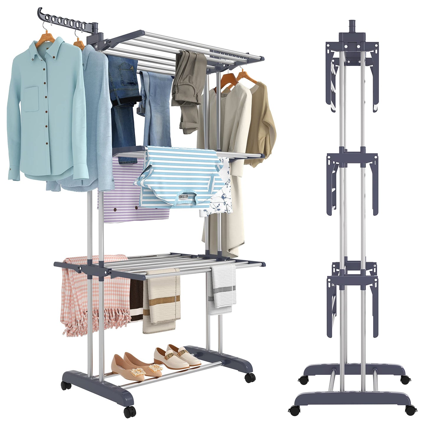 Foldable Clothes Drying Rack,4-Tier Clothes Hanger Large Adjustable Stainless Steel Garment Laundry Racks Folds Flat for Easy Storage