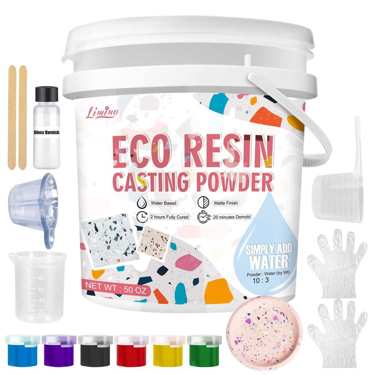 Eco Resin Casting Powder - 1400g Ceramic Resin Powders Kit with 6pcs Pigments, Fast Curing, Easy to Demold, Water Mixed Activated - Toxic-Free, Odorless - Plaster Casting Kit for DIY Home Art Crafts