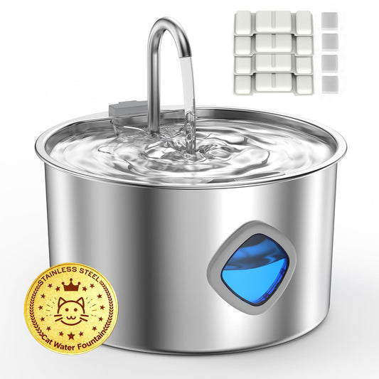 Cat Water Fountain,108oz/3.2L Indoor Pet Fountain,Automatic Stainless Steel Cat Fountain Quiet Pump Dog Water Dispenser Includes 4 Filters and 4 Sponges