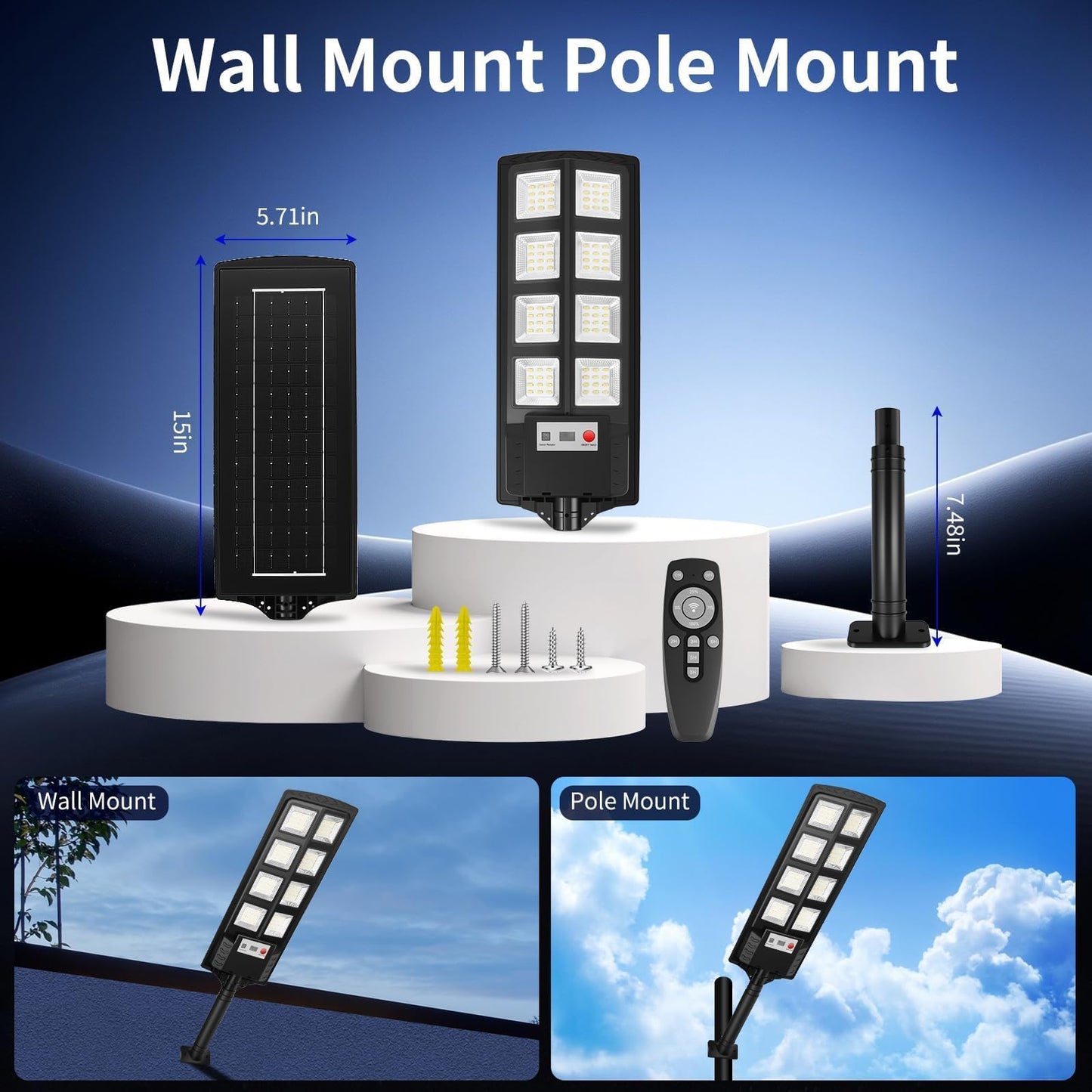 SENDALE Solar Street Lights Outdoor 2 Pack, IP66 Waterproof LED Security Light, 6500K Solar Flood Lights Dusk to Dawn with Motion Sensor and Remote, Parking Lot for Yard, Garage