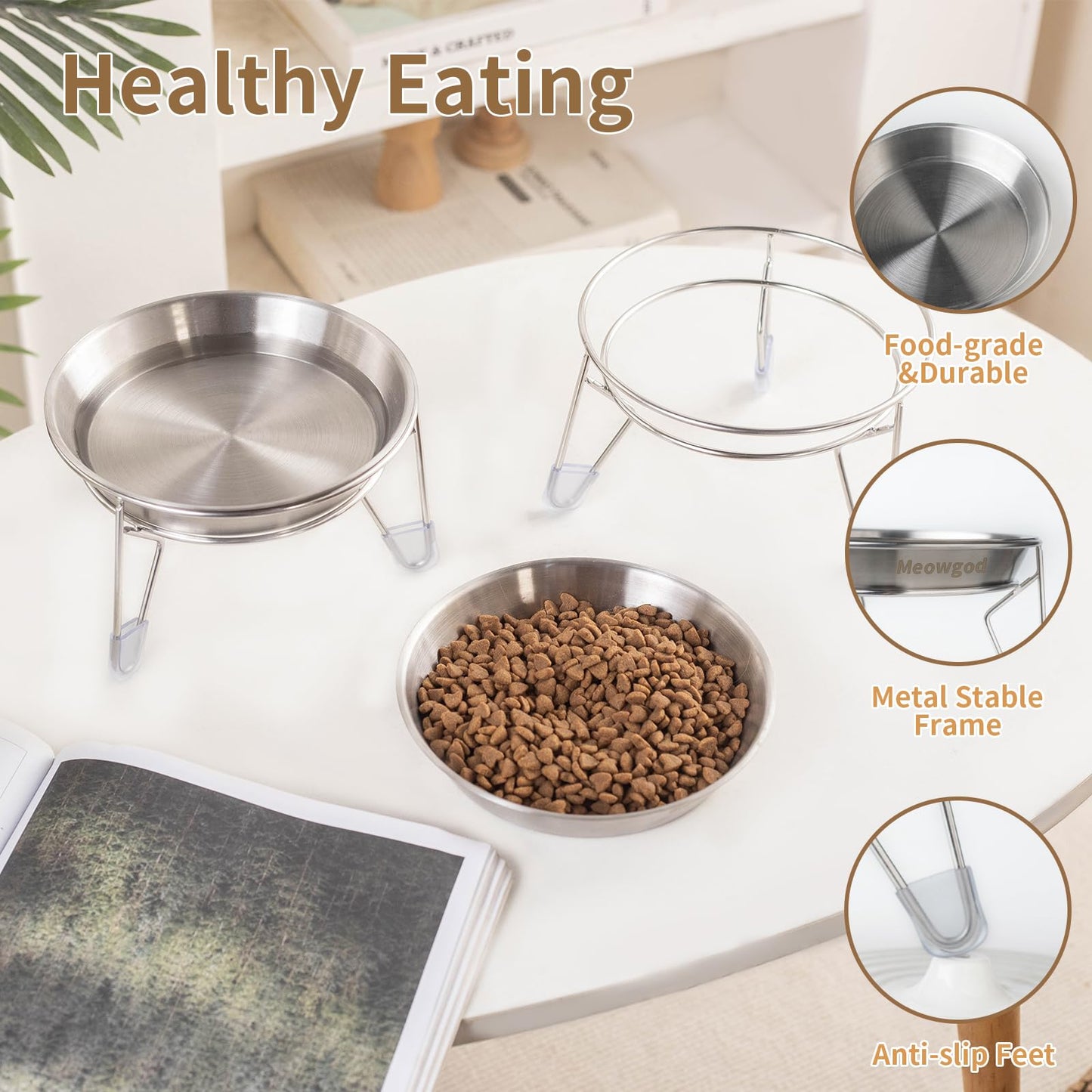 Elevated Cat Bowls,6.7" Extra Wide Raised Stainless Steel Cat Food Bowls with Anti-Slip Metal Stand Whisker Friendly Water Dishes for Indoor Cats and Small Dogs-2pack