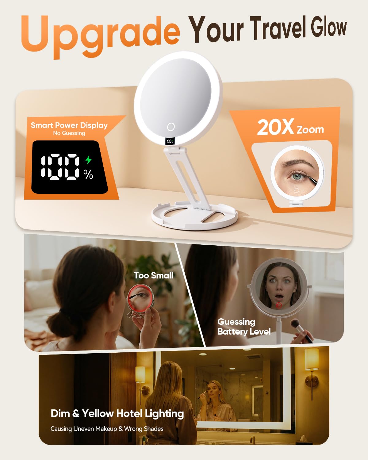 Travel Makeup Mirror with Lights (Gen 3) - 20X/1X Dual Sided Magnifying Mirror with Digital Power Display - Rechargeable, 3 Color Dimmable, CRI 95+ - Portable Folding Design