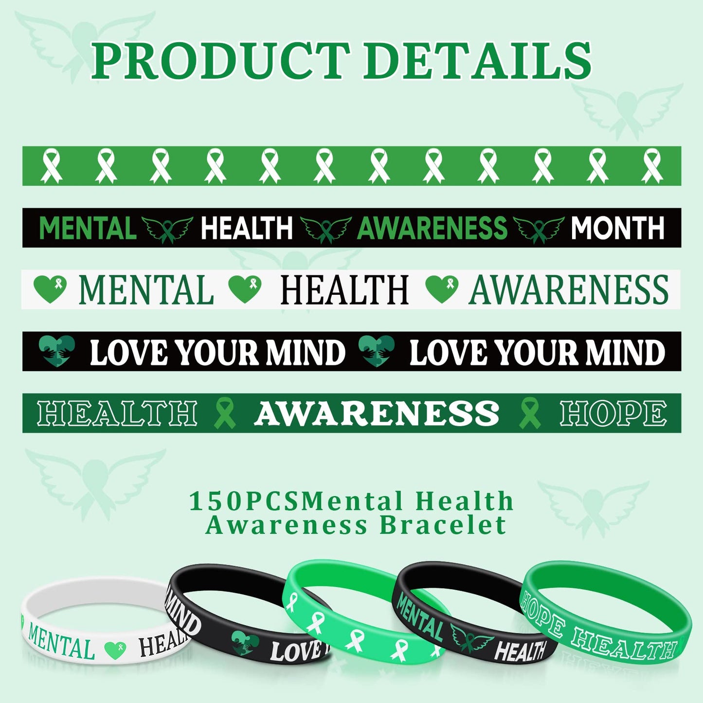 Wettarn 150 Pcs Mental Health Awareness Bracelet Bulk Green Awareness Ribbon Silicone Bracelets Rubber Motivational Wristbands Mental Health Gifts with Inspirational Saying for Women Men, 5 Styles