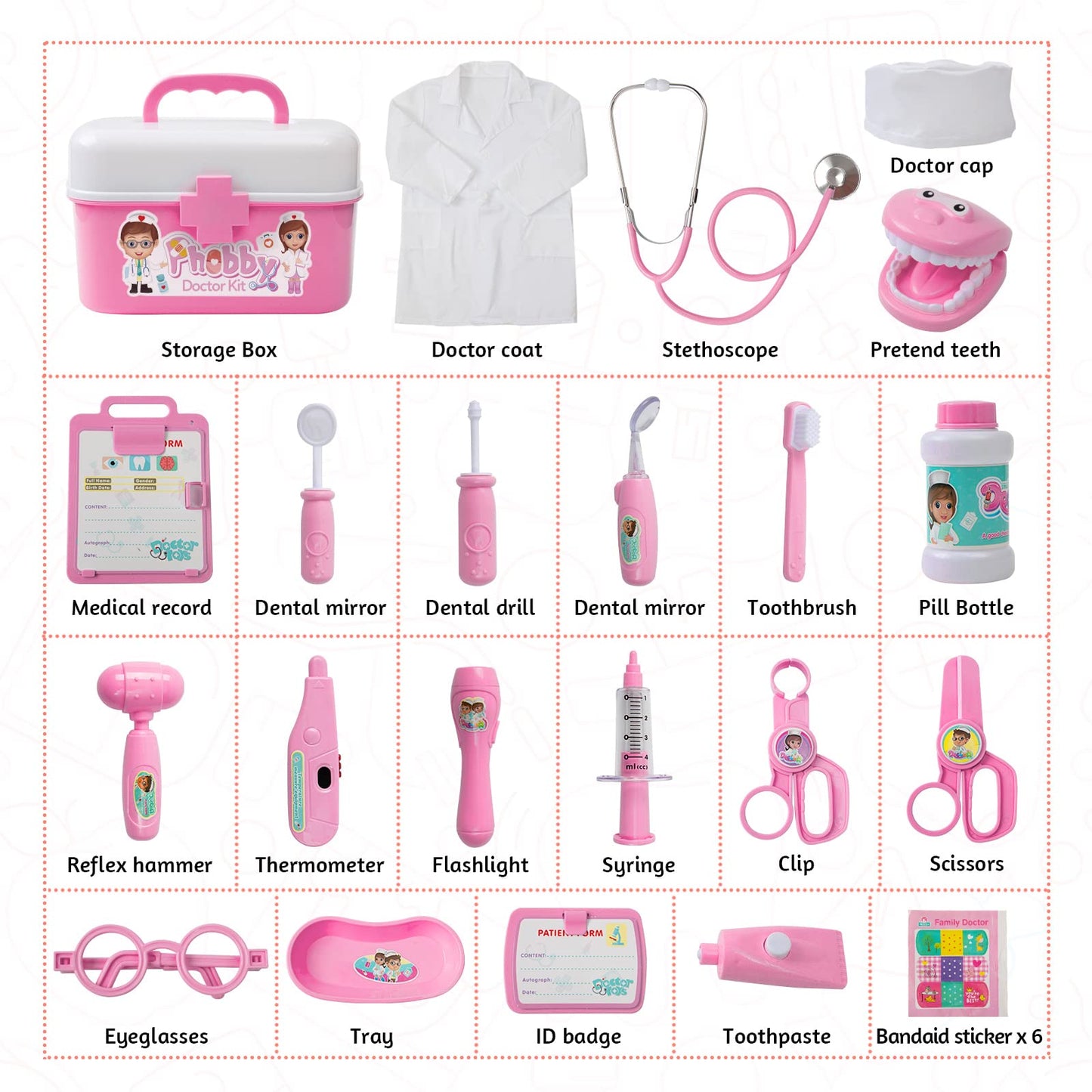 Phobby Durable Doctor Kit for Kids, 27 Pcs Deluxe Pretend Play Medical Kit Toy with Real Stethoscope, Doctor Kit for Toddlers Boys Girls Christmas Birthday Gift Aged 3 4 5 6 7 8(Pink)