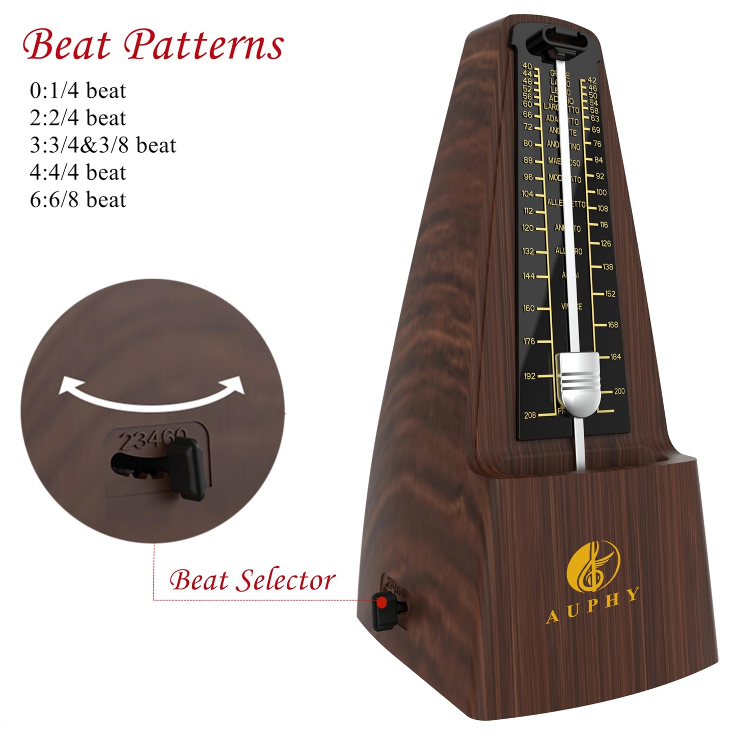 AUPHY Mechanical Metronome with Accent Bell, Classic Shape, Accurate Beat, Multiple Beat Modes, Suitable for Piano Guitar Drums Violin Saxophone etc（Wood Grain）