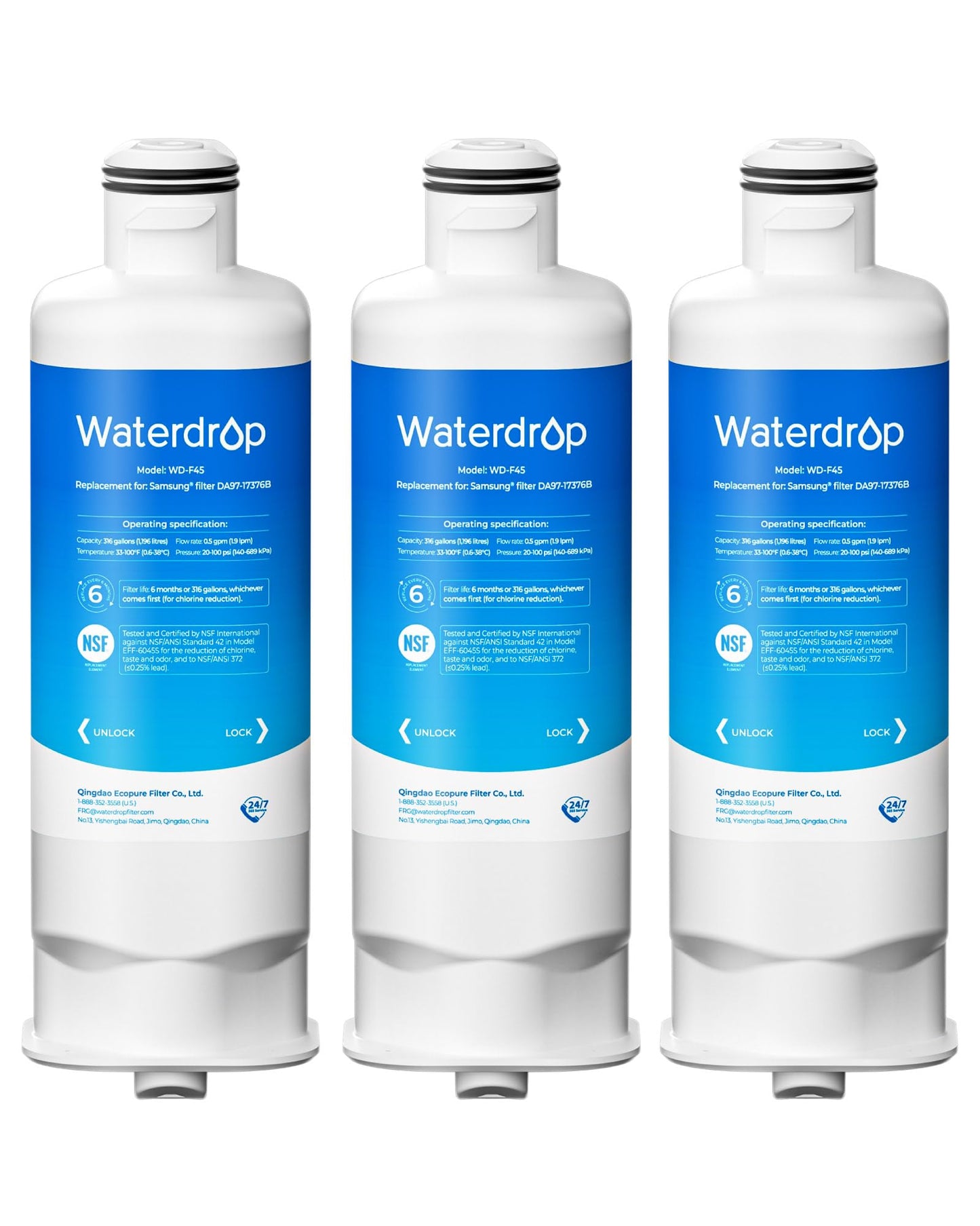 Waterdrop DA97-17376B Replacement for Samsung HAF-Qin/EXP, DA97-08006C, RF28R7201SR, RF28R7351SG, WD-F45, Refrigerator Water Filter, 3 Filters