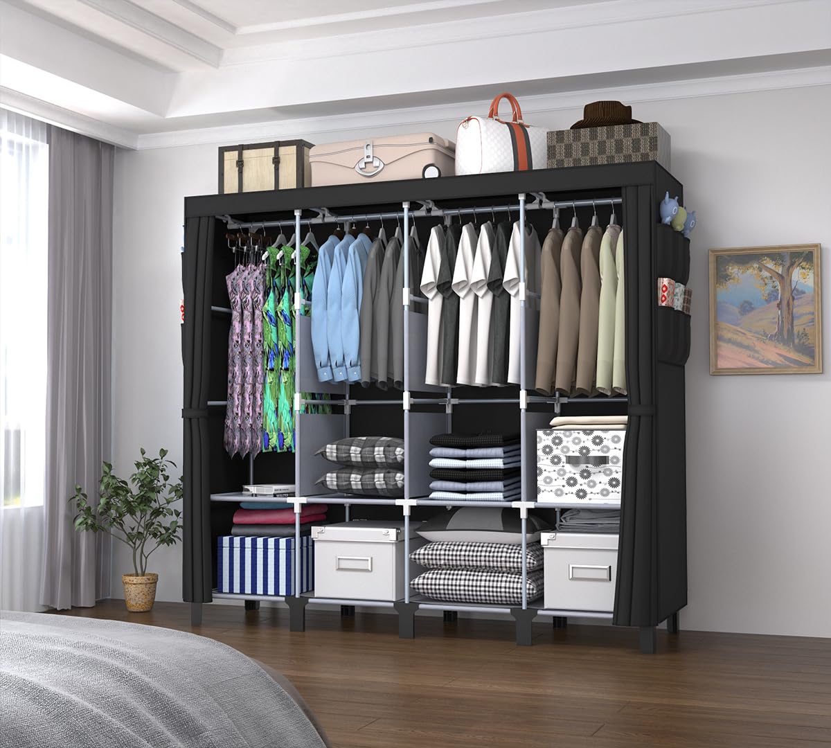Portable Wardrobe, Large Capacity Closet Storage with Cloth Cover, Dustproof, Waterproof, Side Pockets, Simple Wardrobe Organizer, 51.2 inches, Depth 17.8 inches (Black, Extra Large)