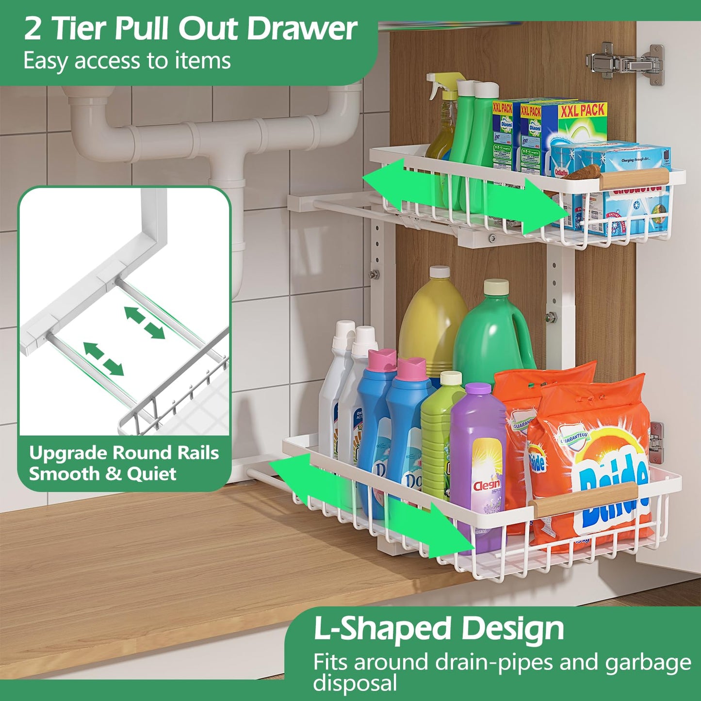 ADRIMER Under Sink Organizer 2 Packs, Pull Out Kitchen Sink Organizer, 2 Tier Slide Out Kitchen Organizers and Storage Premium Metal Cabinet Storage Shelf, White