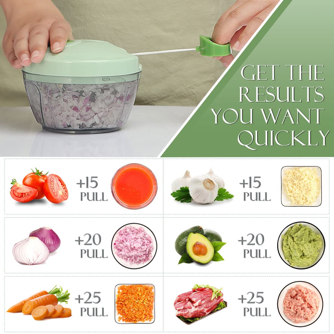 Ourokhome Manual Food Processor, Vegetable Chopper, Portable Manual Garlic Puller, Onion Chopper for Vegetables, Ginger, Fruits, Nuts, Herbs, etc, 500ml, Green