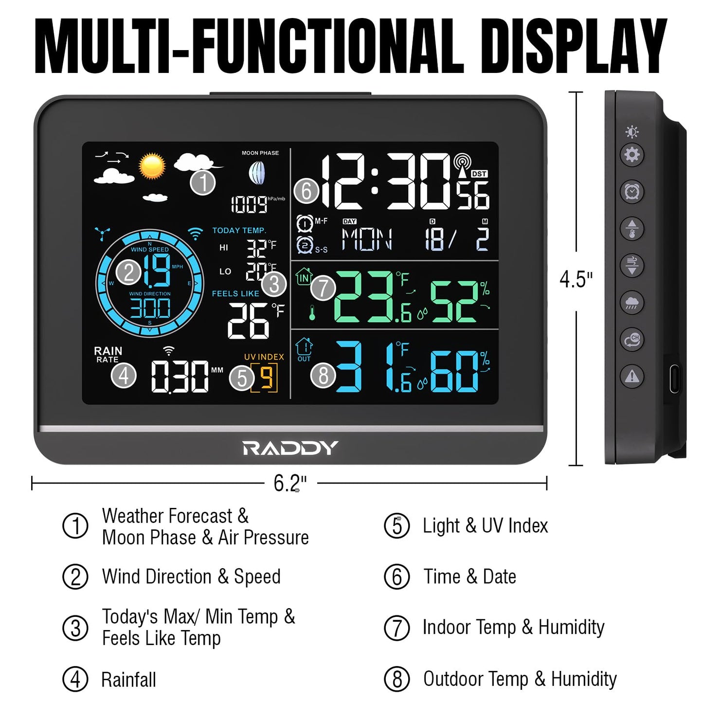Raddy UV-6 Professional Weather Station with 6" VA Display and Outdoor Sensor, Wireless Indoor Outdoor Temperature & Humidity Monitor, Atomic Clock, UV & Light Index, Wind Speed, Rain Gauge