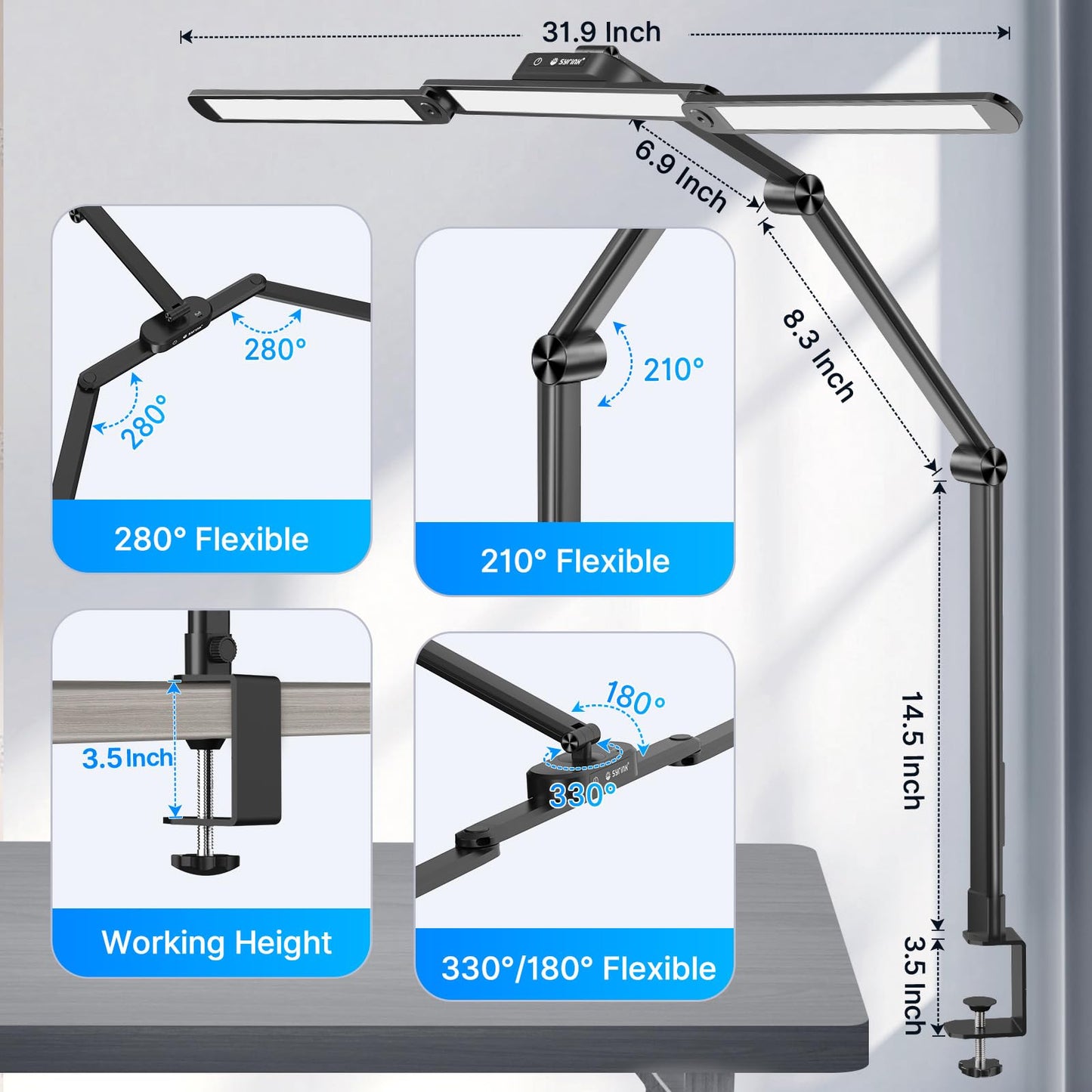 Syrinx LED Desk Lamp, Architect Desk Lamps Home Office with Gesture Switch & Remote Control, 24W Bright Desk Light with 50 Light Modes Eye-Caring Desk Lamp with Clamp for Reading Study Workbench
