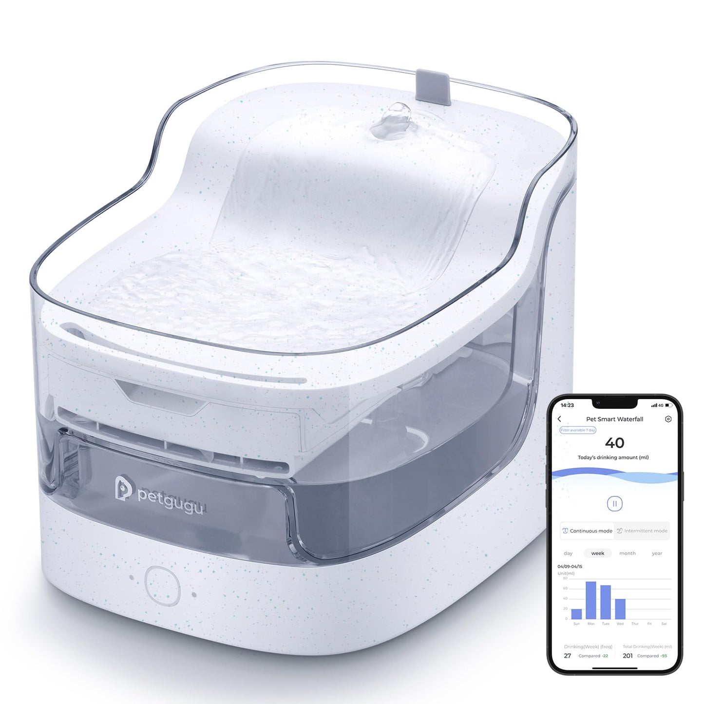 PETGUGU Cat Water Fountain with App Monitoring, 2L/68oz Pet Water Dispenser Wireless Pump, 8 Layers Filtration Ultra-Quiet 2.4G Wi-Fi Automatic Cat Stuff (PF1)