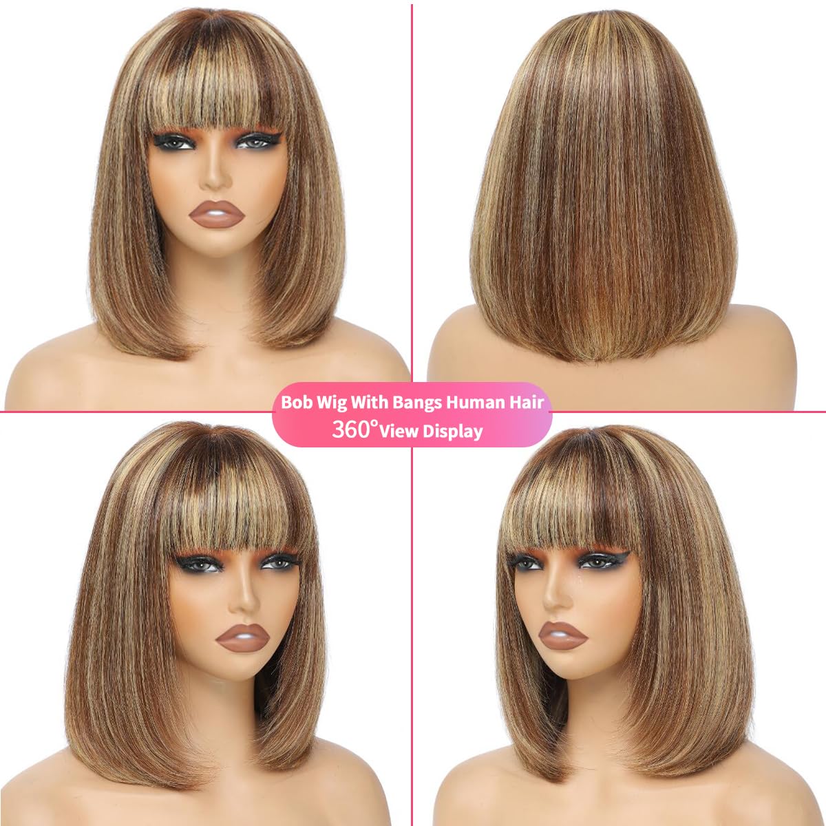 Bob Wig With Bangs Human Hair P4/27 Straight Wig Human Hair Short Human Hair Glueless Wear Wig Ombre Blonde Highlight Short Bob Wigs for Black Women 2.5X1 inch Bob Wig Human Hair 8Inch Short Bob