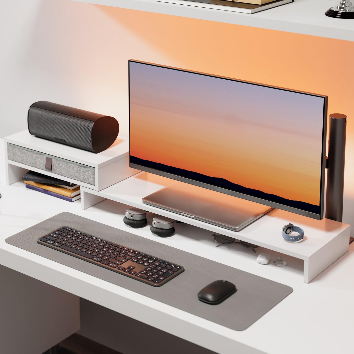 FENGE Dual Monitor Stand with Drawer Computer Monitor Stand Riser Adjustable Length and Angle, Wood Monitor Stands for 2 Monitors, Laptop PC, Computer, Printer, Office Desk Organizer White