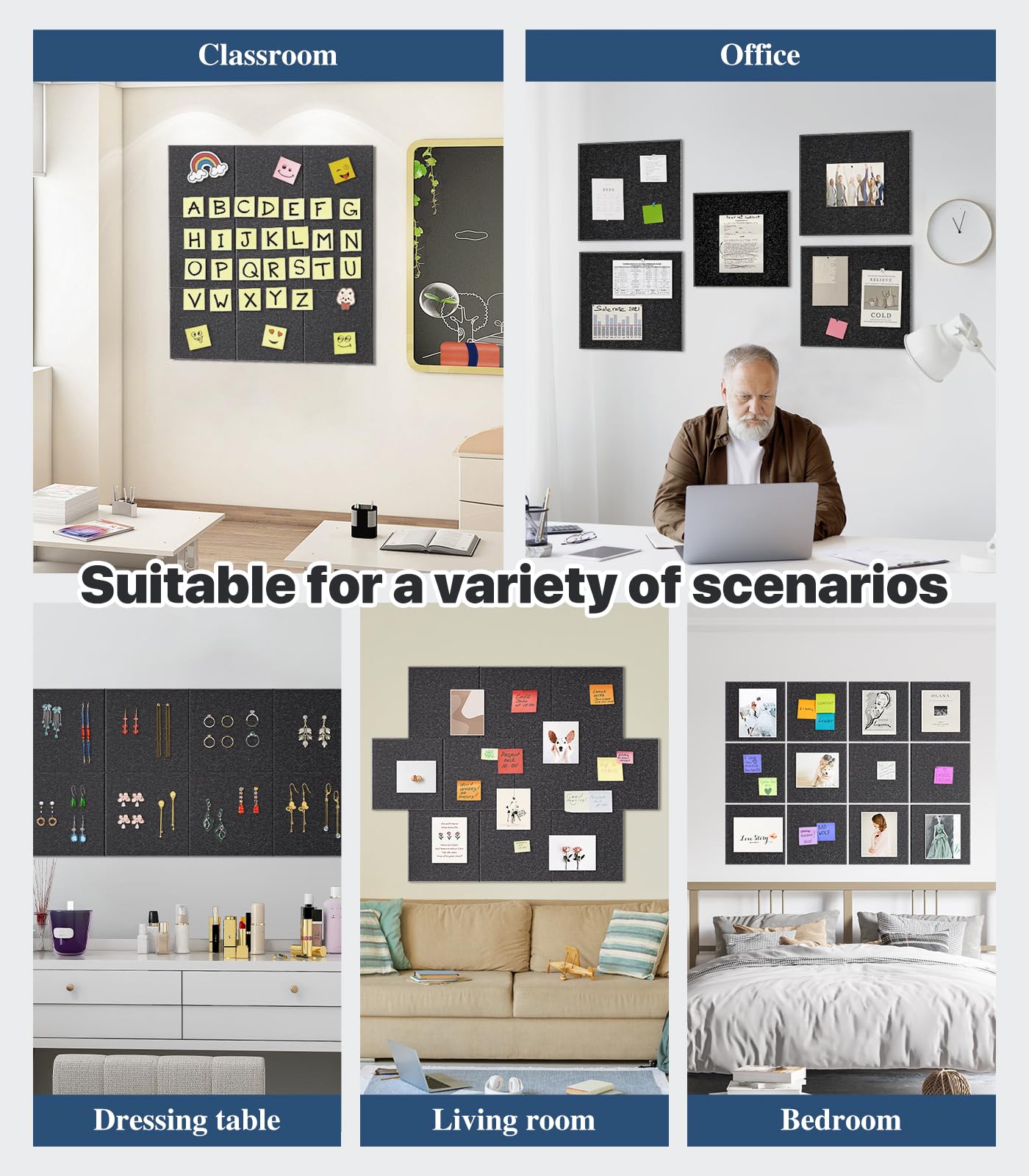 Large Cork Board for Walls - 12 Packs Bulletin Board,48"x36" Cork Board Felt Wall Tiles for Home, School & Office Decor Pin Board,Cork Felt Board DIY Vision Board -Black