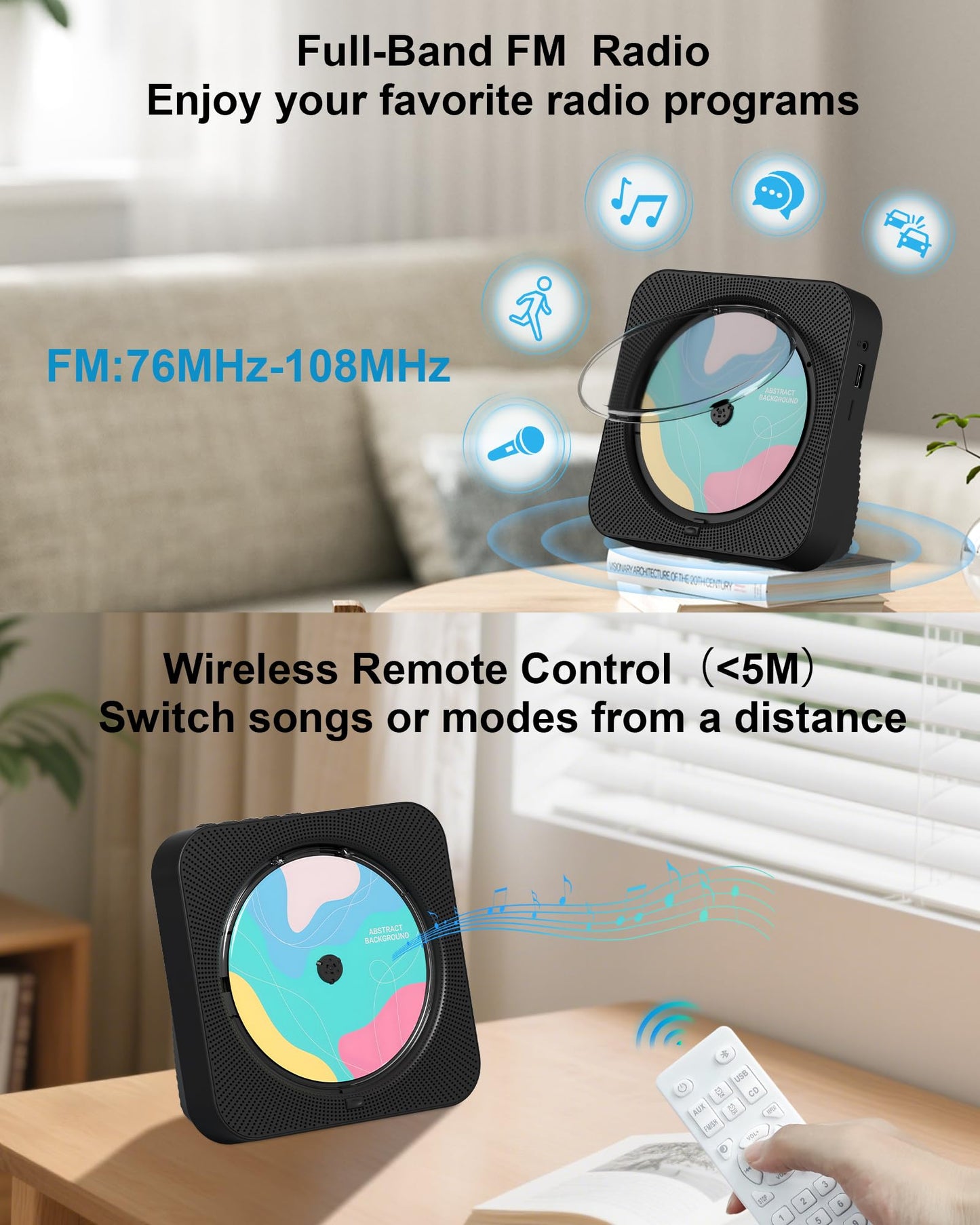 CD Player Portable with Bluetooth 5.1Desktop CD Player with HiFi Sound Speakers,Remote Control,Dust Cover,LED Display,Boombox FM Radio,USB/AUX for Home,Gift,Kids(Black)