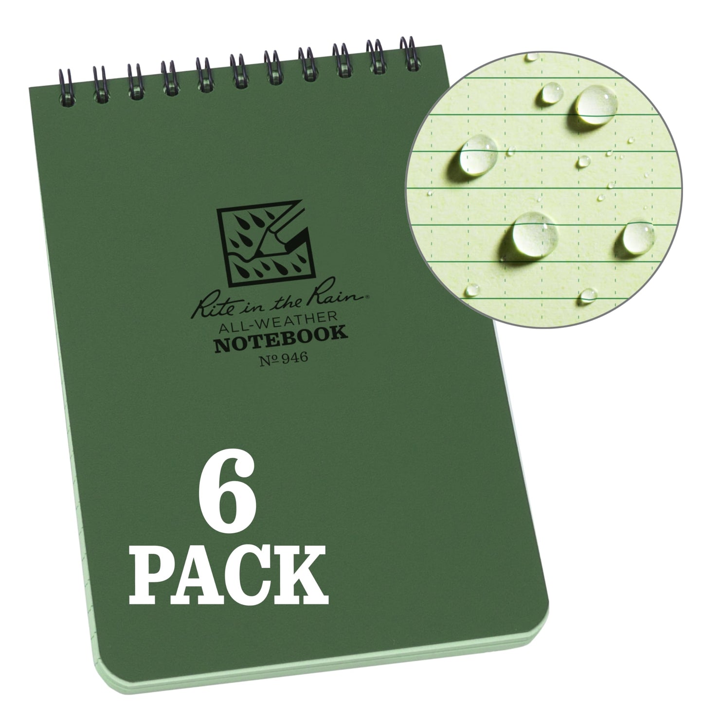 Rite in The Rain Weatherproof Top Spiral Notebook, 4" x 6", Green Cover, Universal Pattern, 6 Pack (No. 946L6)