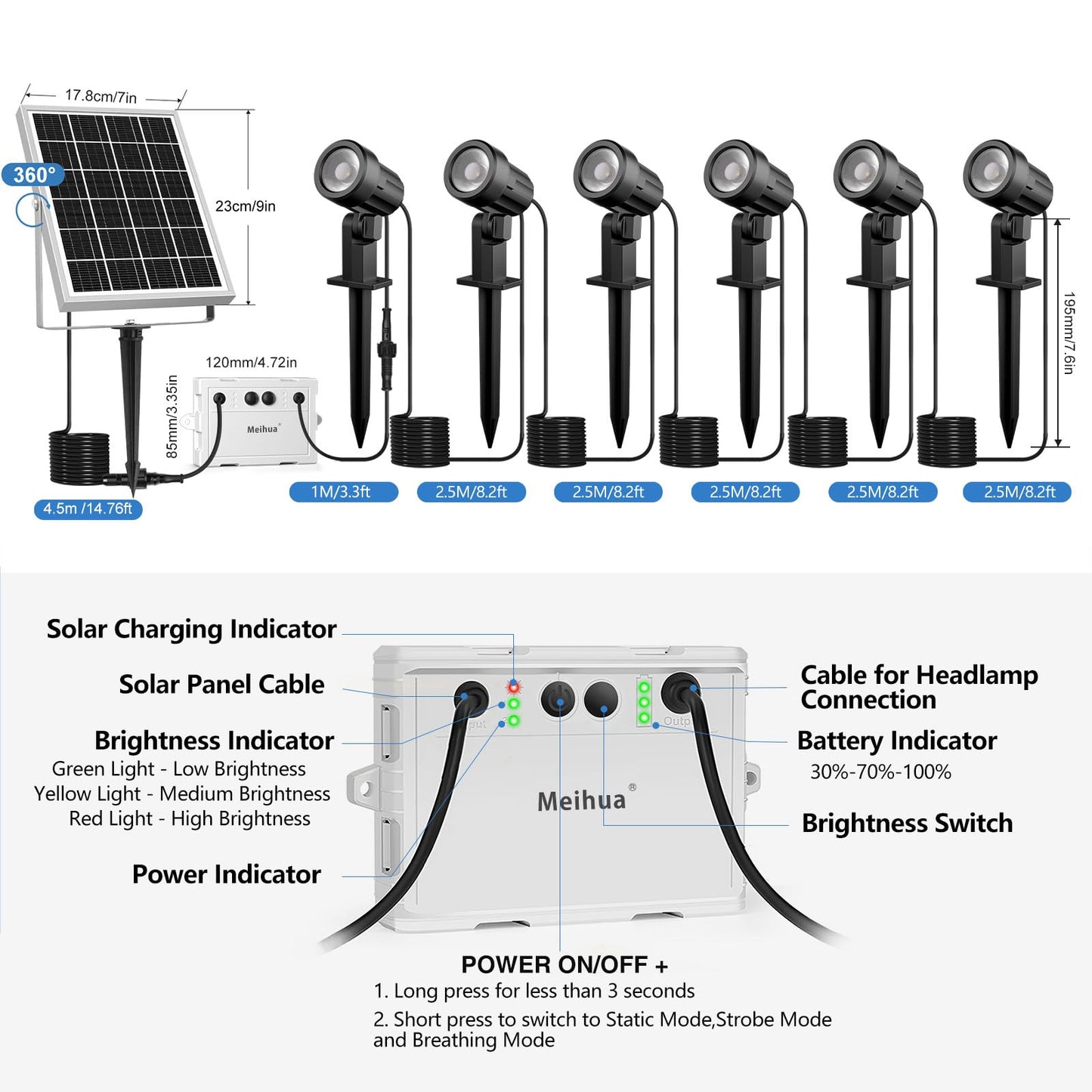 MEIHUA Solar Spot Lights Outdoor, 6 in 1 Solar Landscape Spotlights 2700K Warm White, 3 Lighting Modes & 3 Brightness, IP66 Waterproof Solar Lights Outdoor Garden for Pathway Driveway Yard Tree