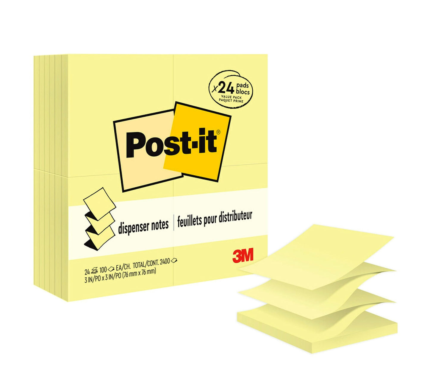 Post-It Notes Original Pop-Up Sticky Notes, 3" x 3", 24 Pads, 90 Sheets/Pad, Canary Yellow (R330Y24VAD)