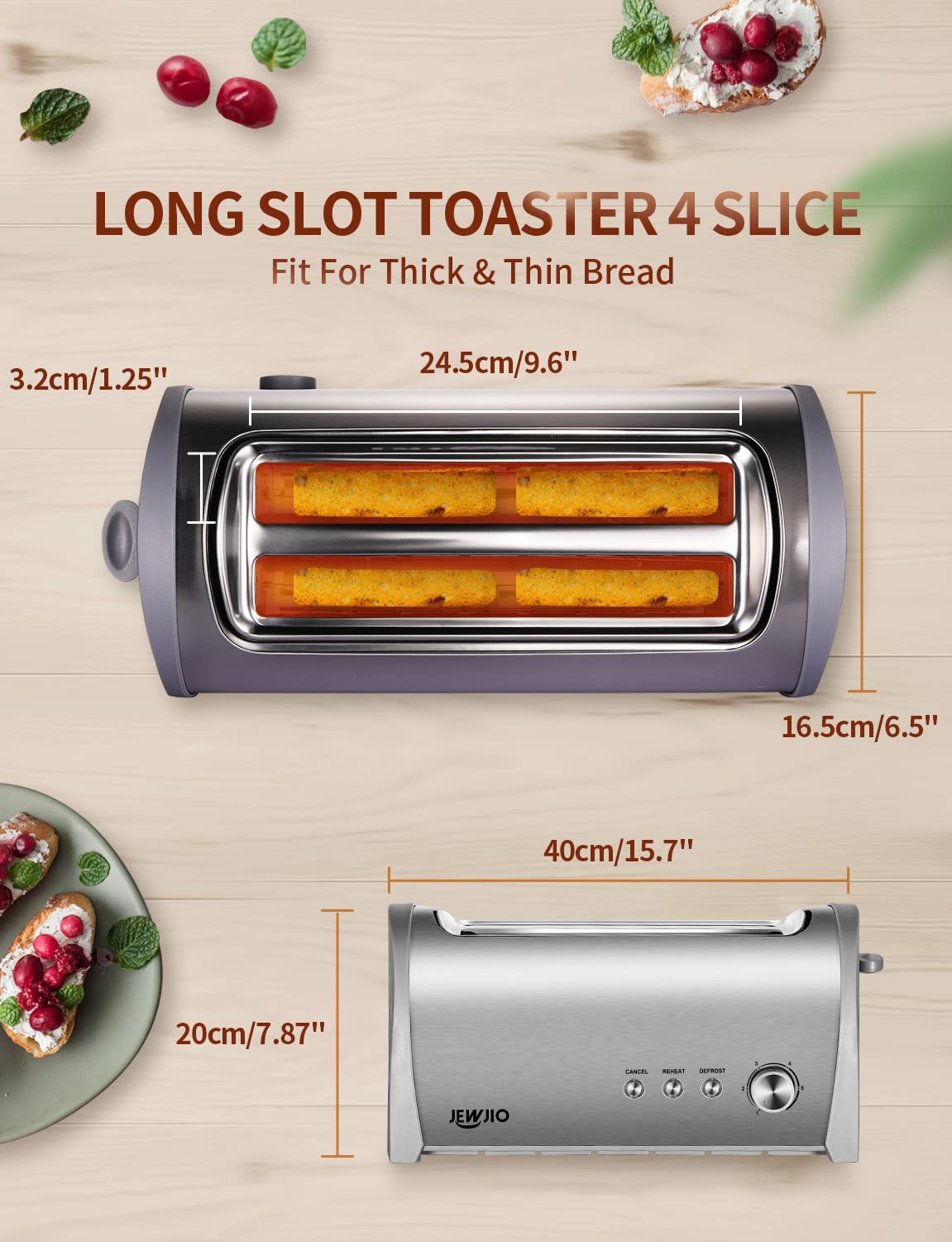 JEWJIO 4-Slice Toaster with Extra-Wide 1.25" Slots & Independent Controls | 1300W for Fast, Even Heating | Defrost, Reheat, Cancel Functions | Removable Crumb Tray Brush Silver